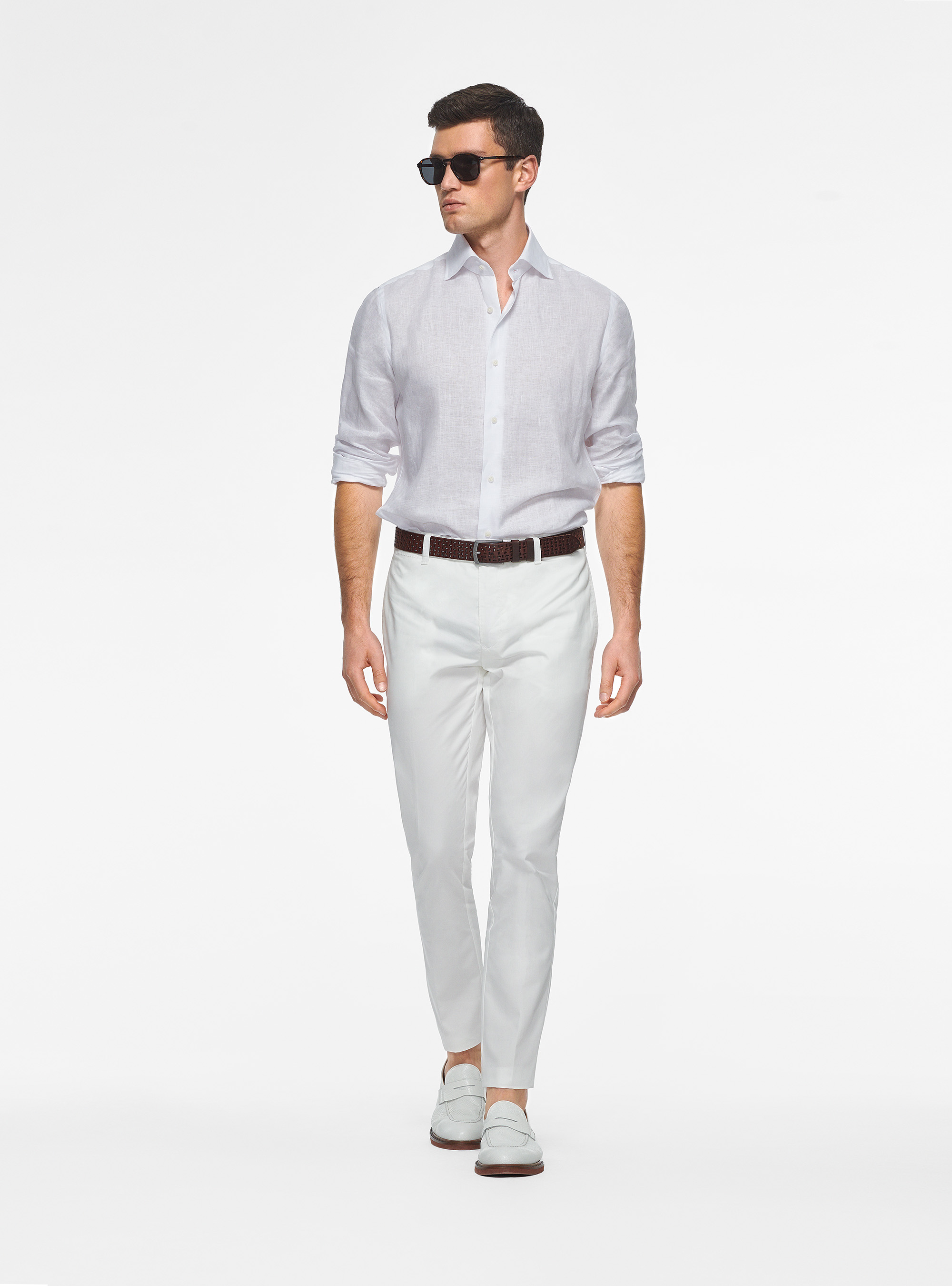 Italian collar shirt in pure linen, WHITE