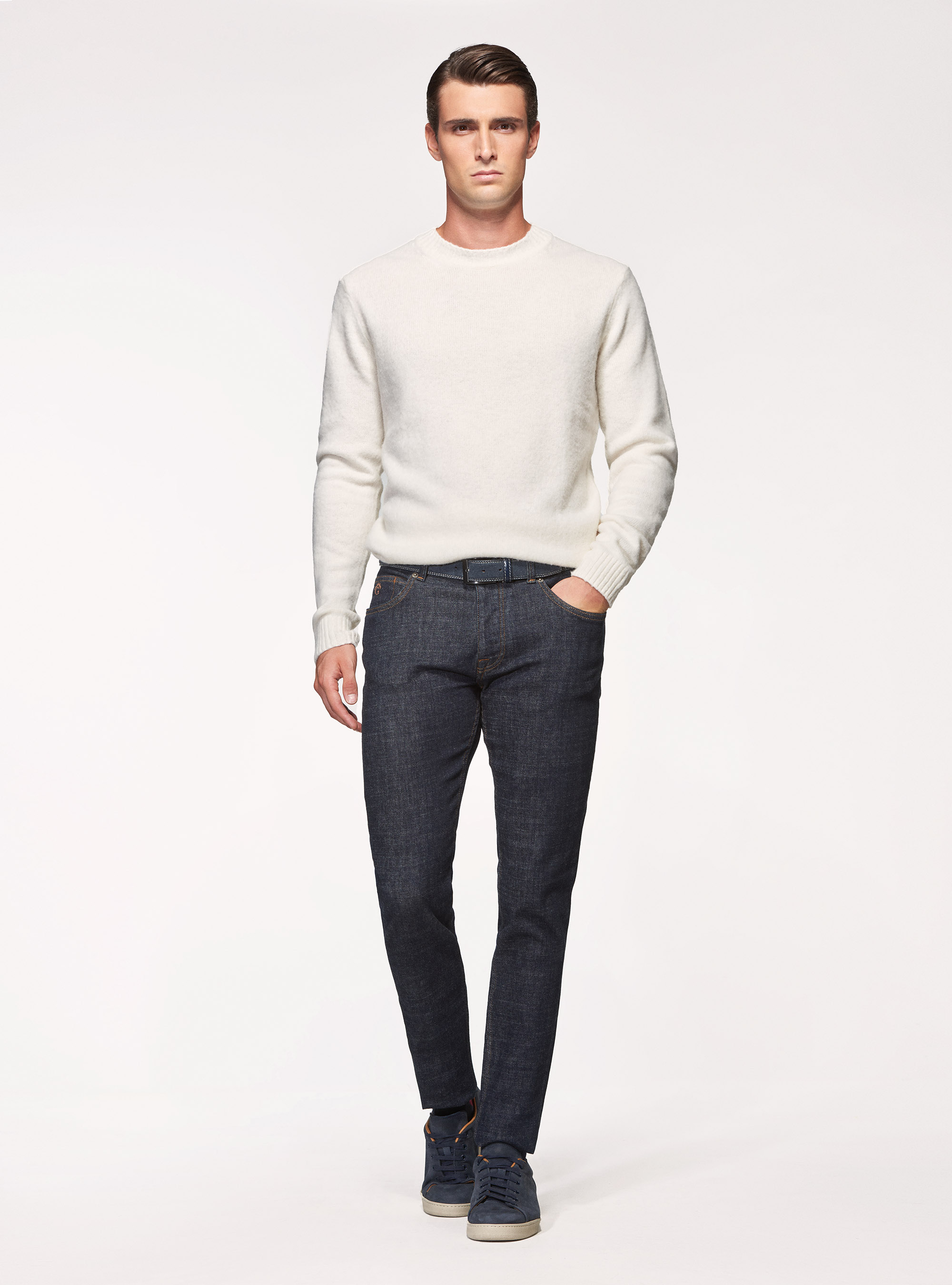 Maglia girocollo in misto lana brushed, BIANCO