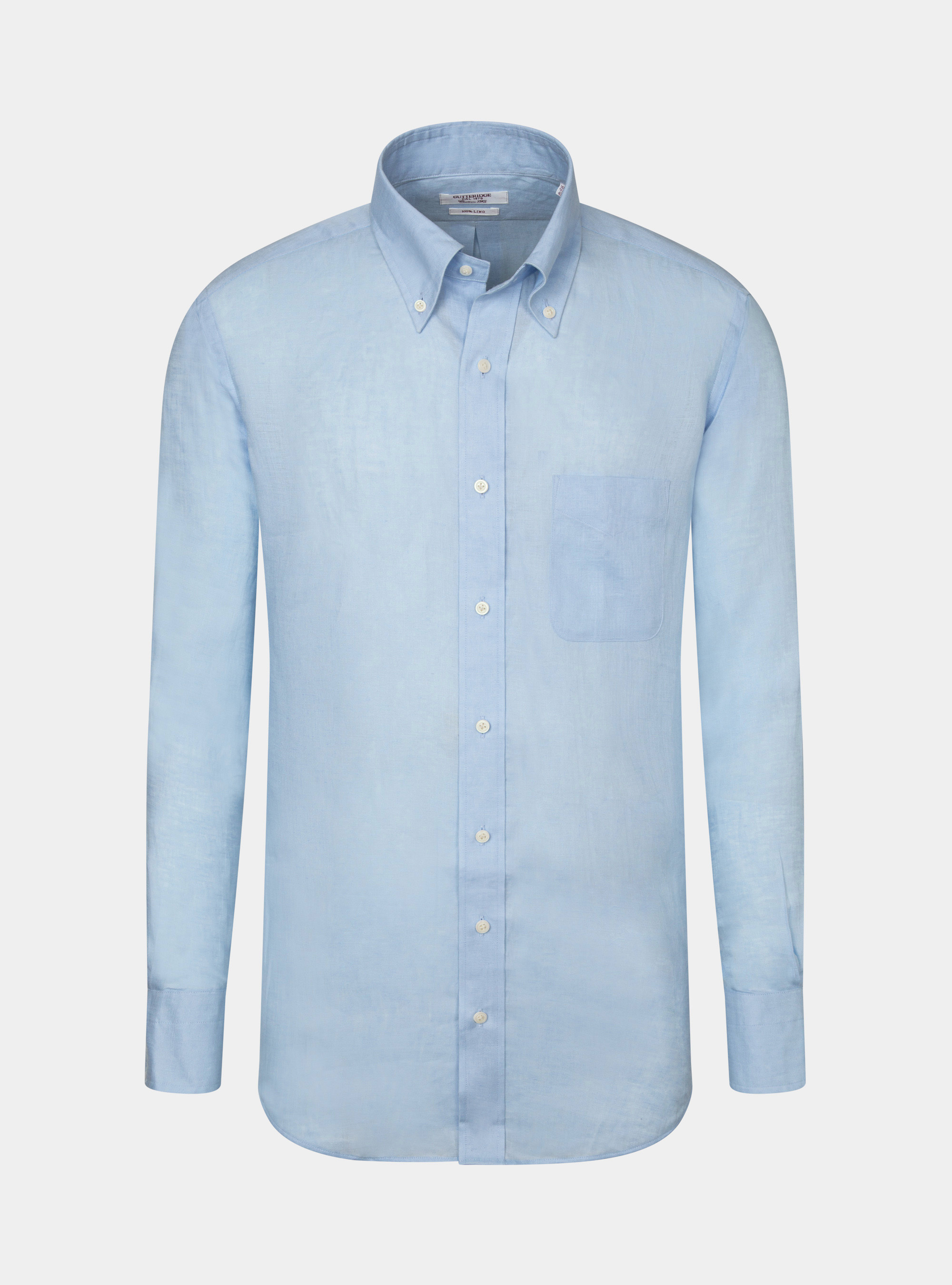 Camicia classic fit comoda in puro lino con collo button down, AZZURRO