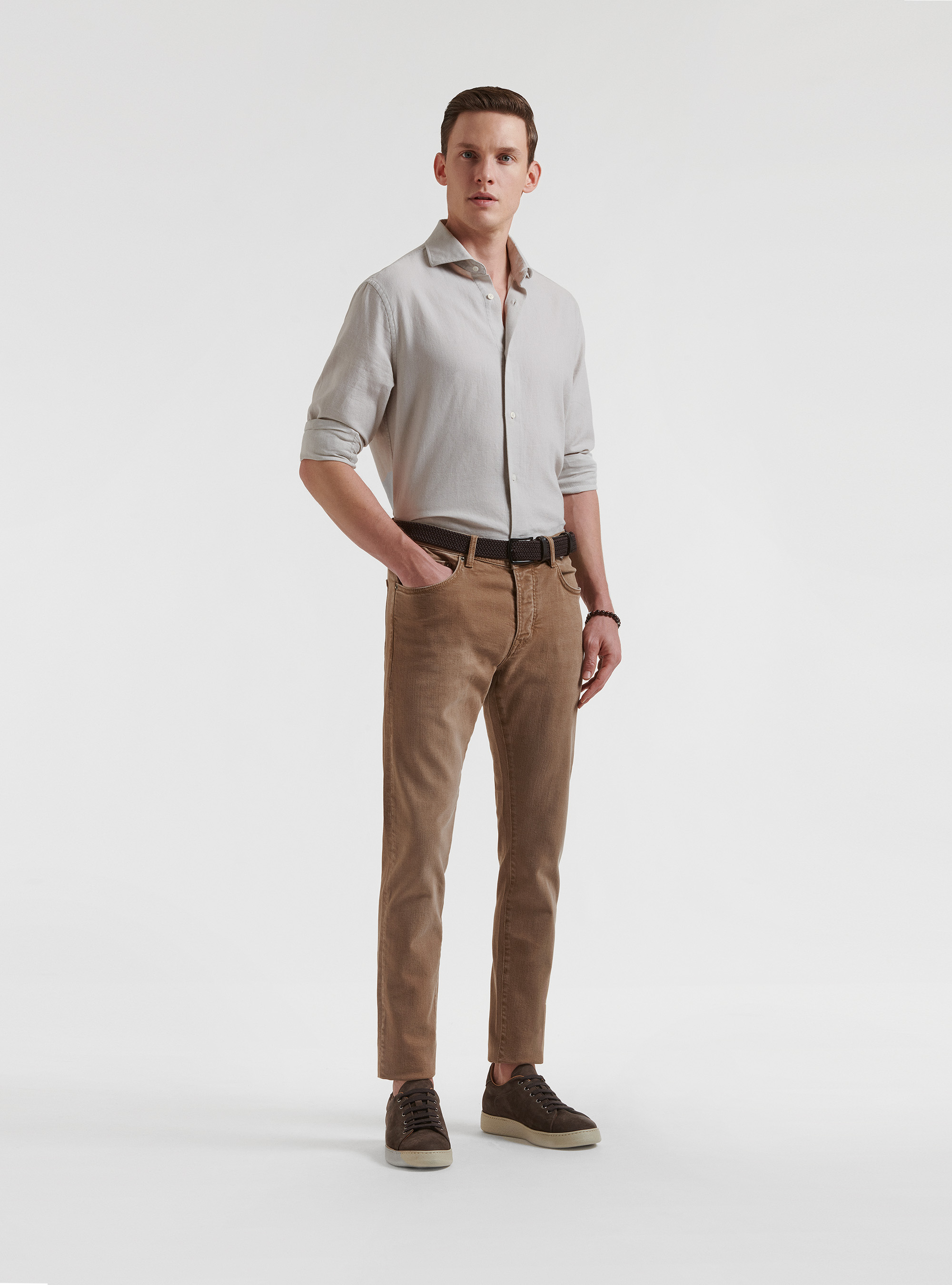 Semi-French collar shirt in pure gauzed cotton, ECRU