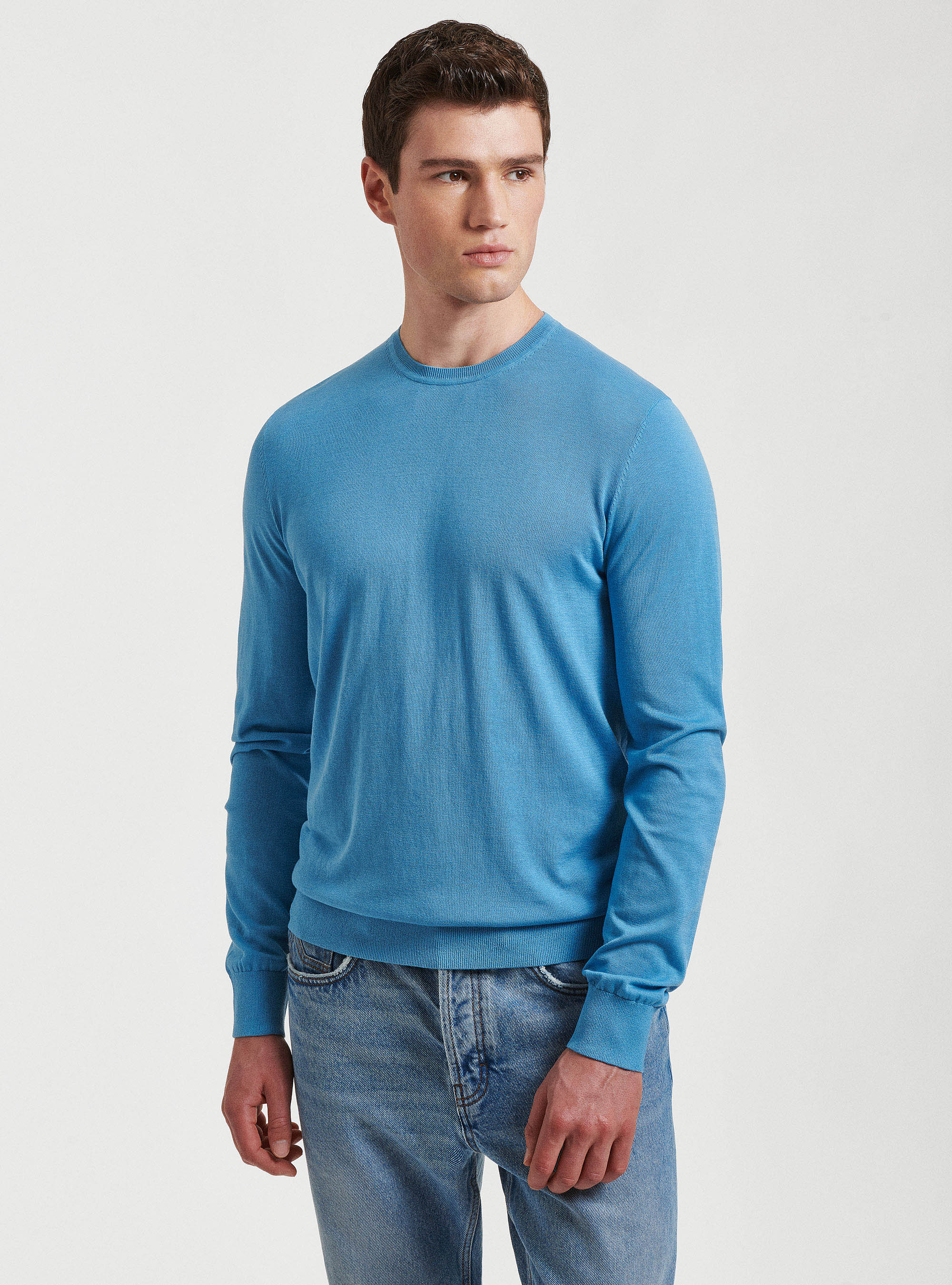 Gutteridge - Maglia girocollo in seta e cotone, Unisex, Azzurro, Taglia: XXL