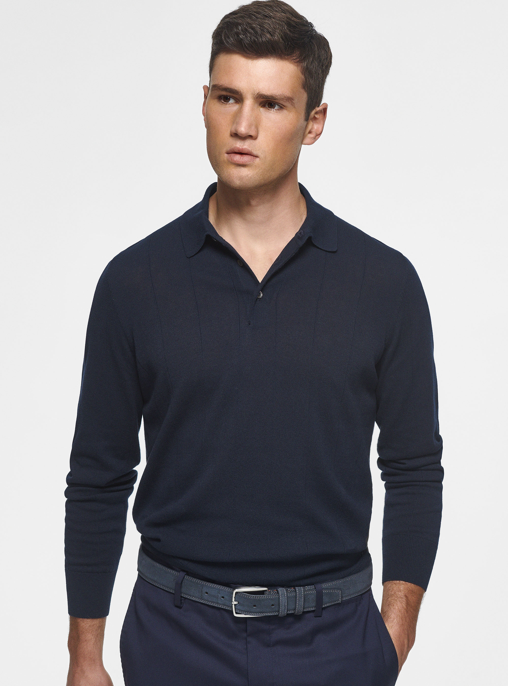 Long-sleeved knit polo shirt, NAVY BLUE