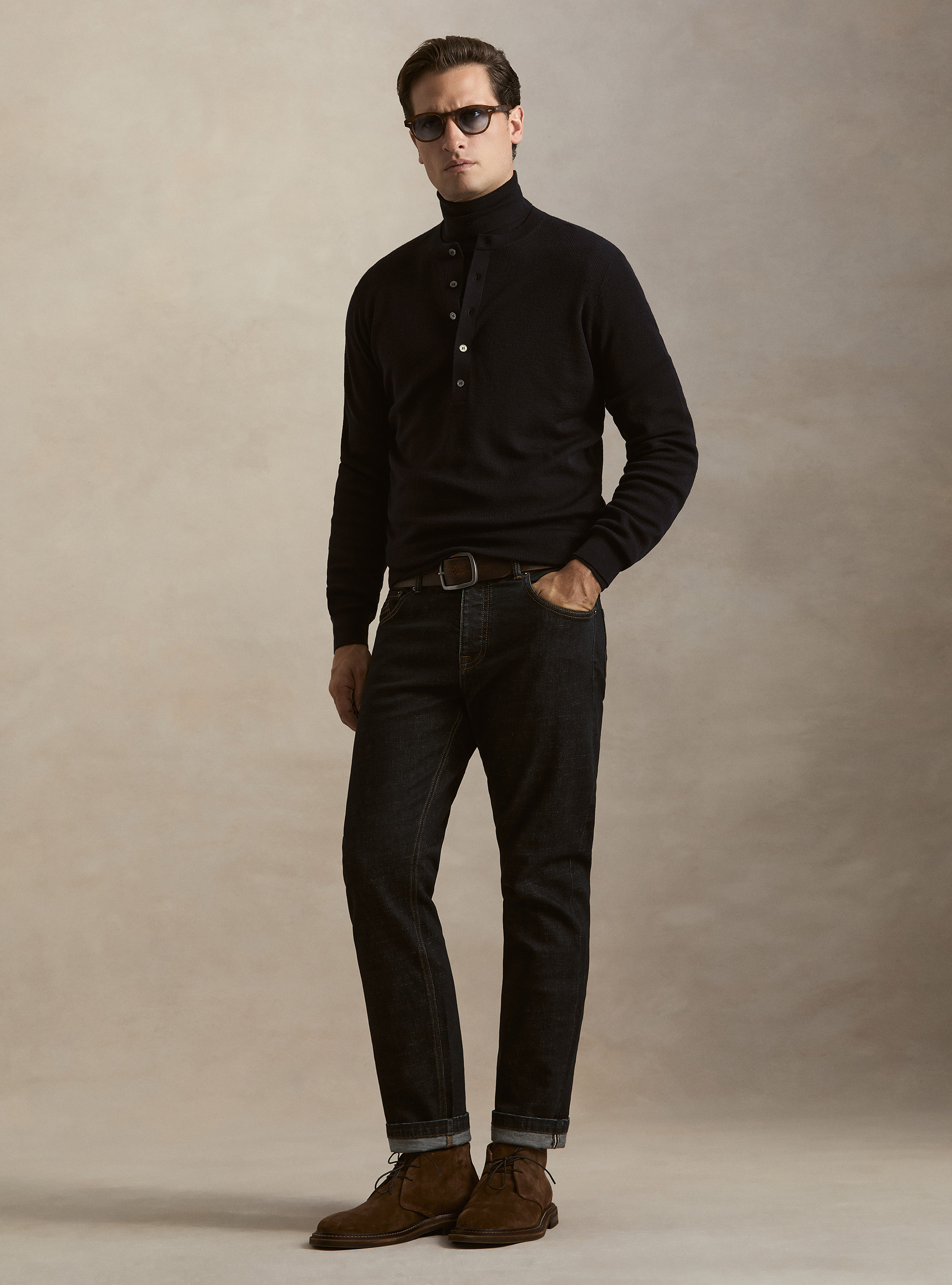 Ribbed wool Henley shirt, NAVY BLUE