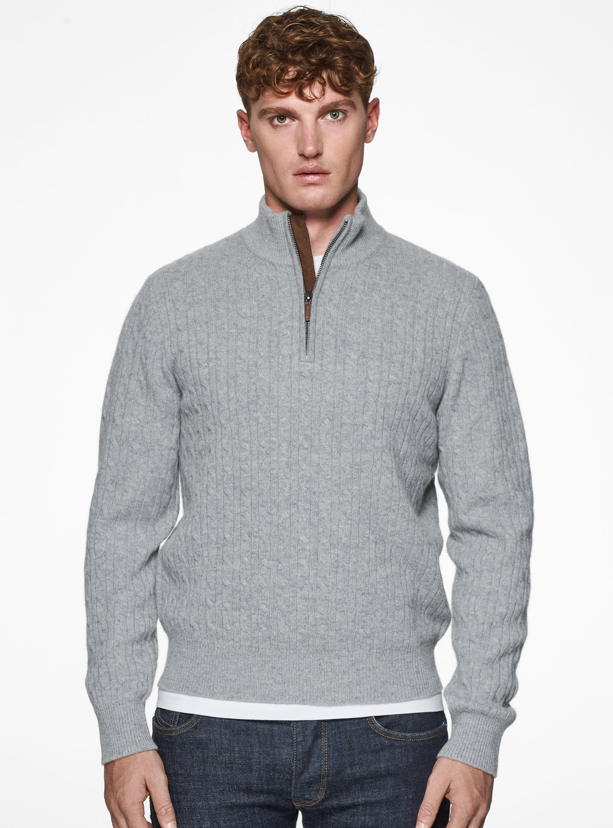 Wool and cashmere mock neck sweater with braids, GRIGIO MELANGE 0151C