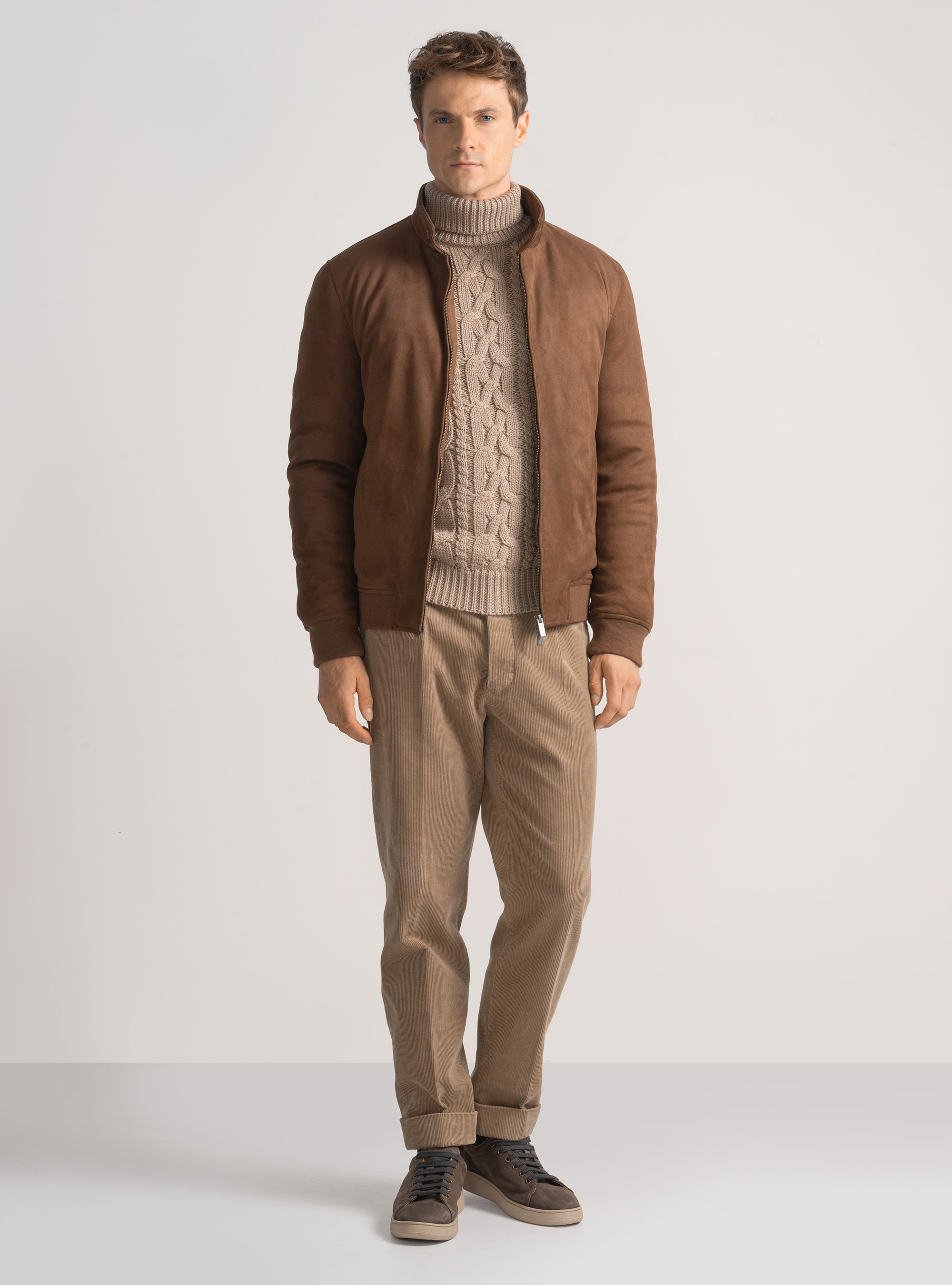 Padded suede-effect bomber jacket, BROWN