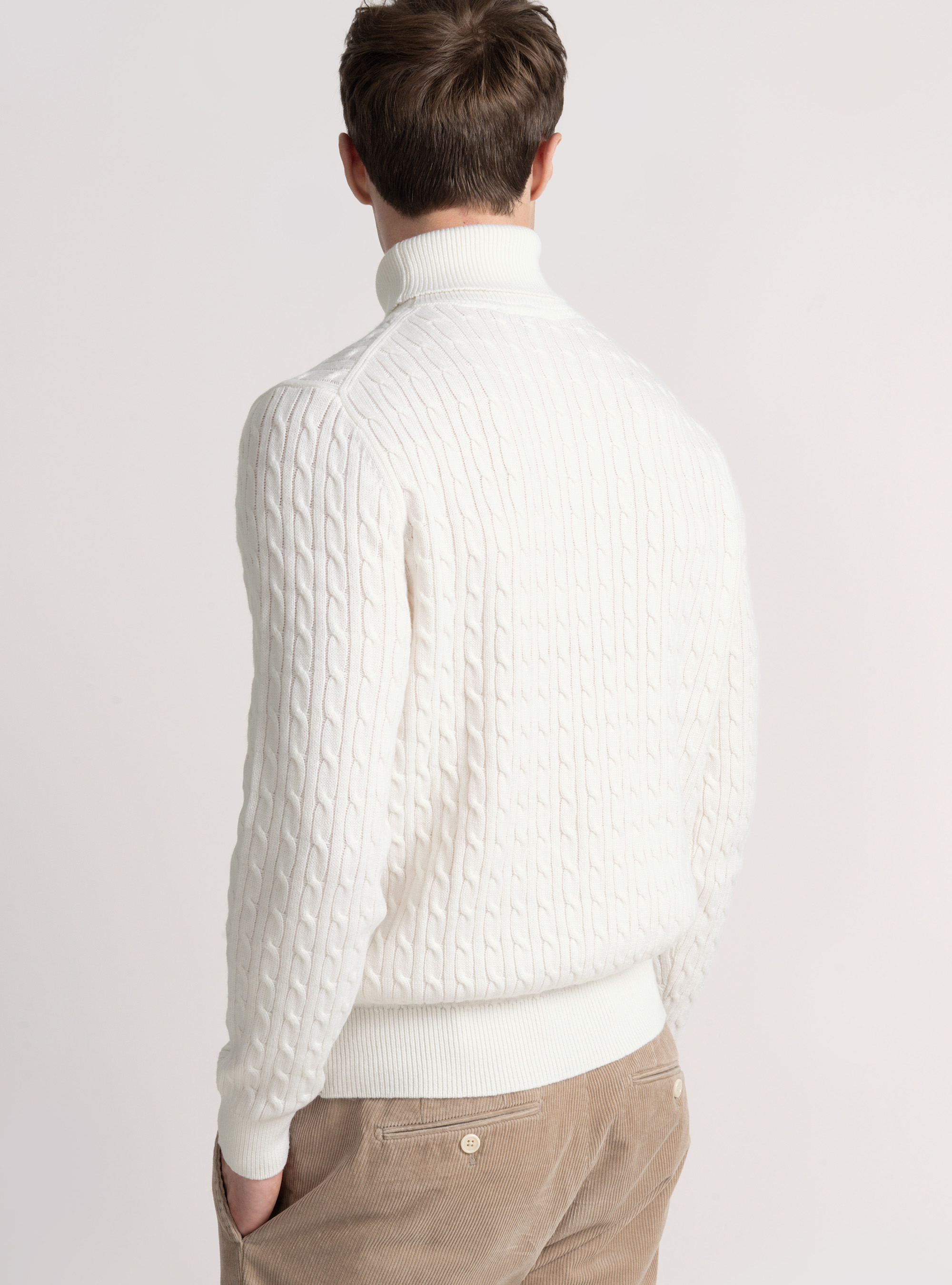 Punto de cuello alto en mezcla de lana con trenza, BLANCO