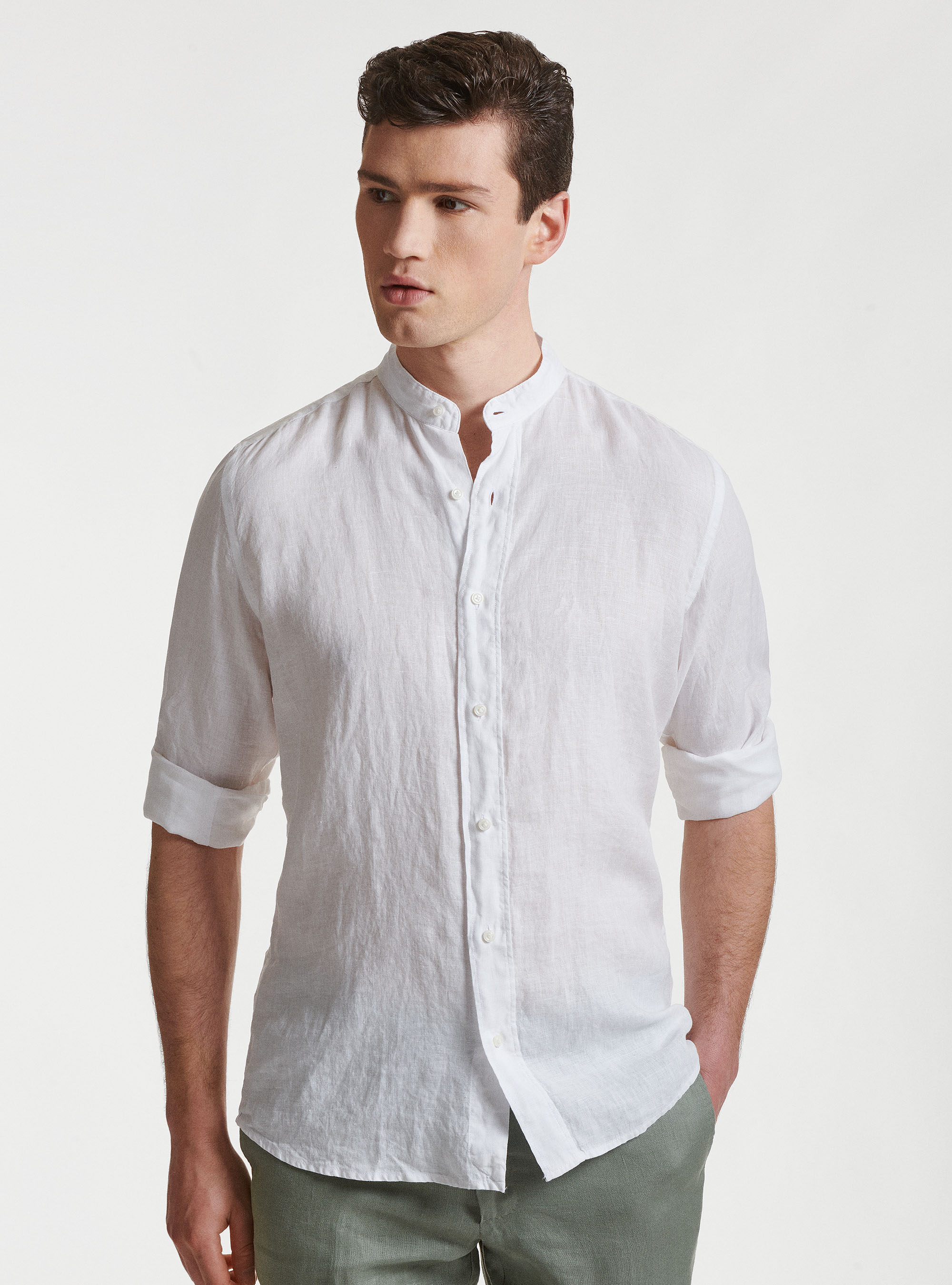 Camicia collo coreano in puro lino, BIANCO