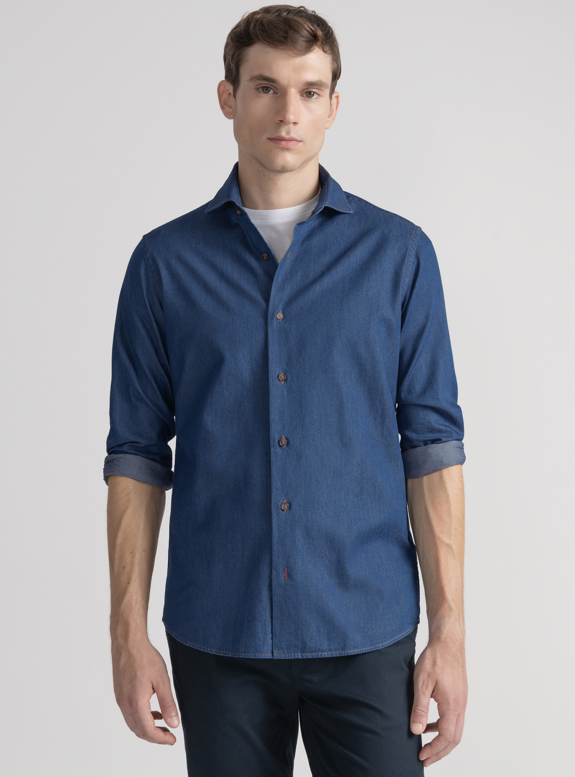 Camisa de chambray de algodón, AZUL MARINO