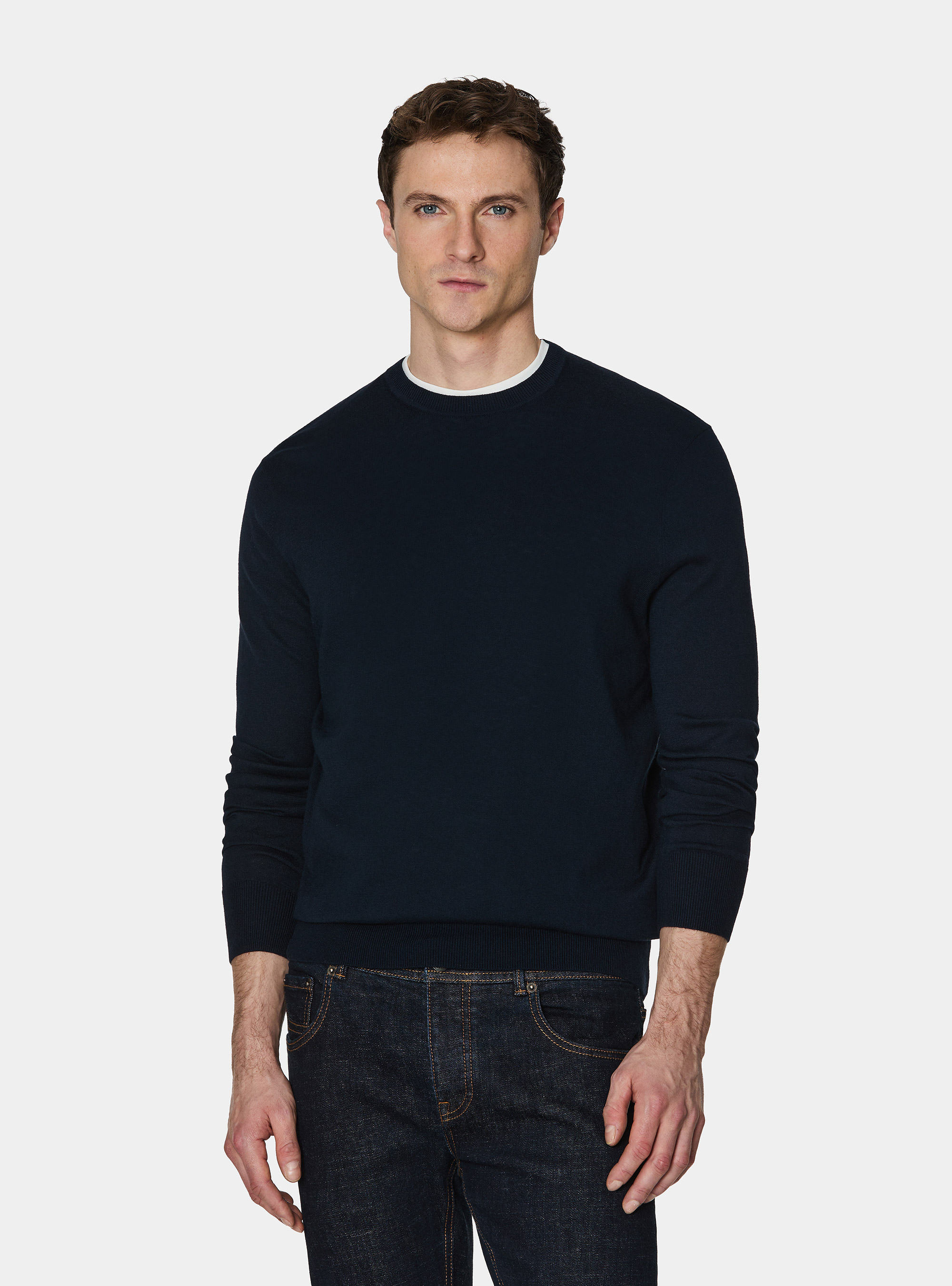 Maglia girocollo in cotone seta e cashmere, NAVY BLUE