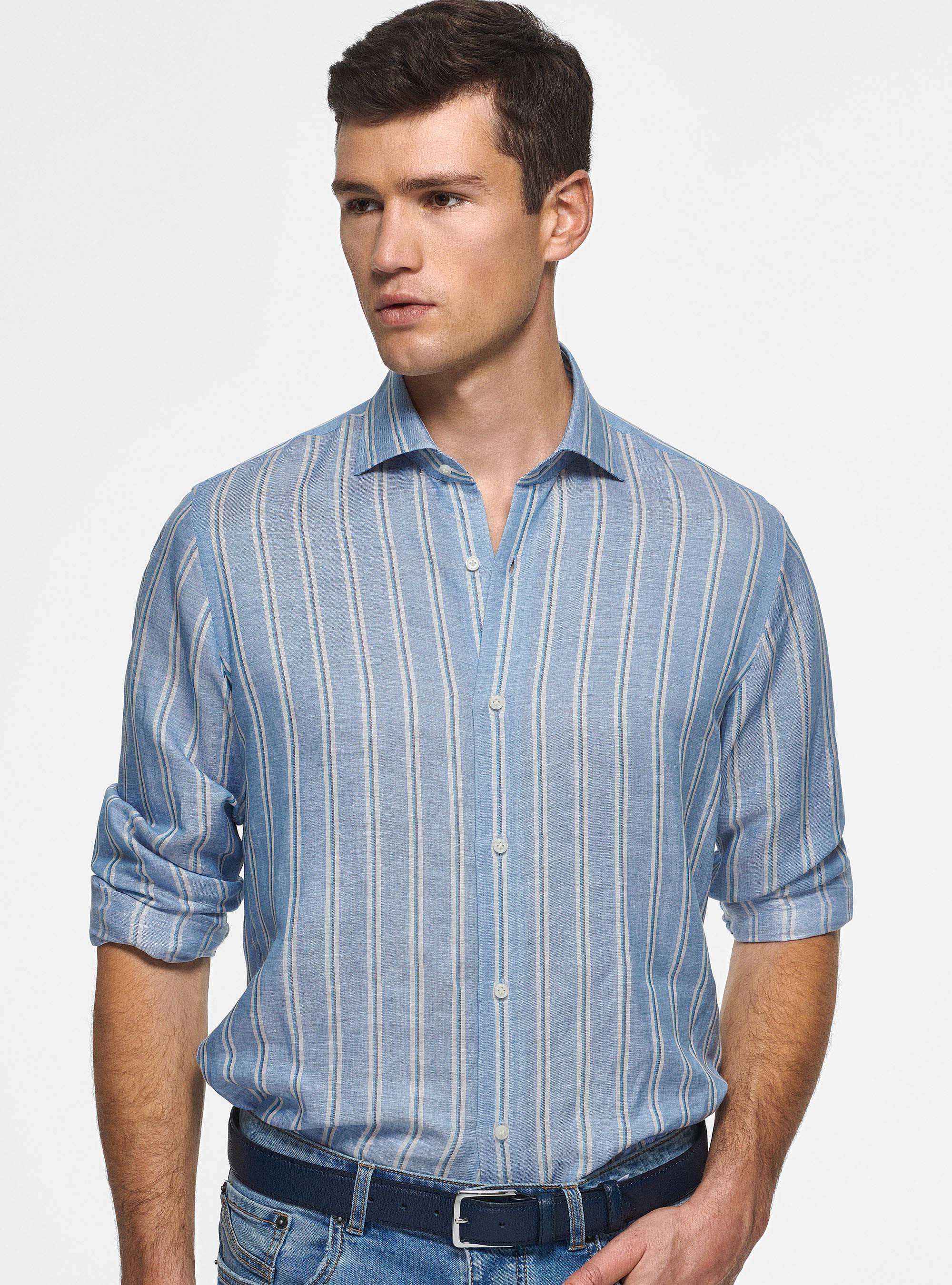 Camicia rigata in misto lino, AZZURRO