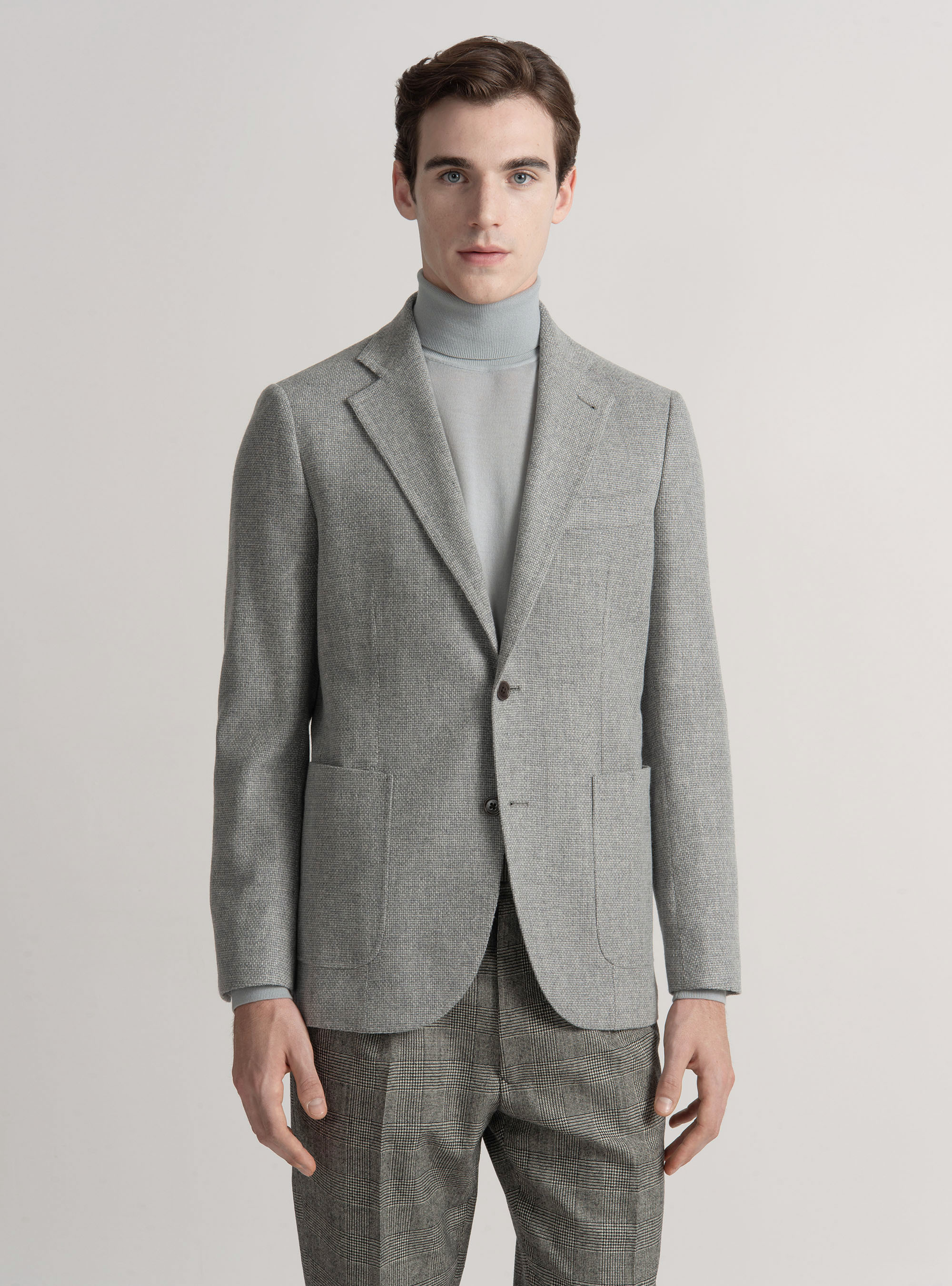 Giacca hopsack in lana cotone e cashmere, GRIGIO CHIARO