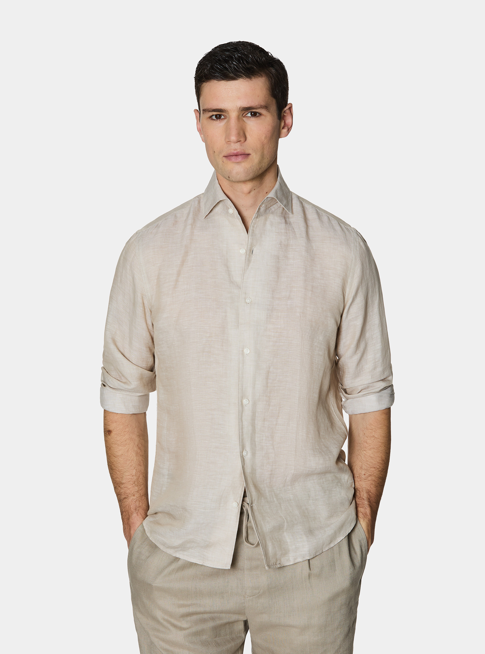 Linen-blend shirt with facing, SAND