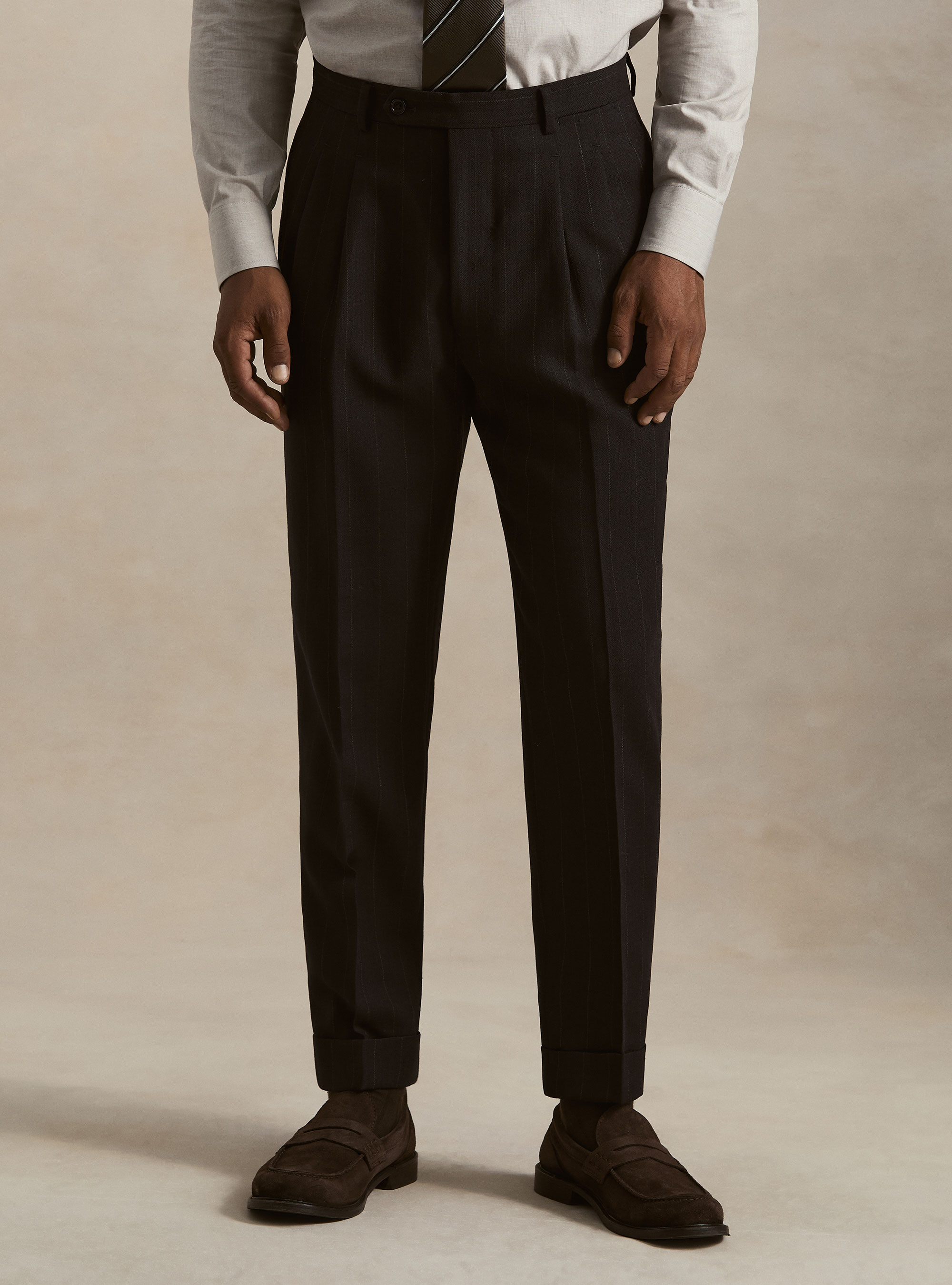 Pantaloni con pince in pura lana spigata, BLU NAVY