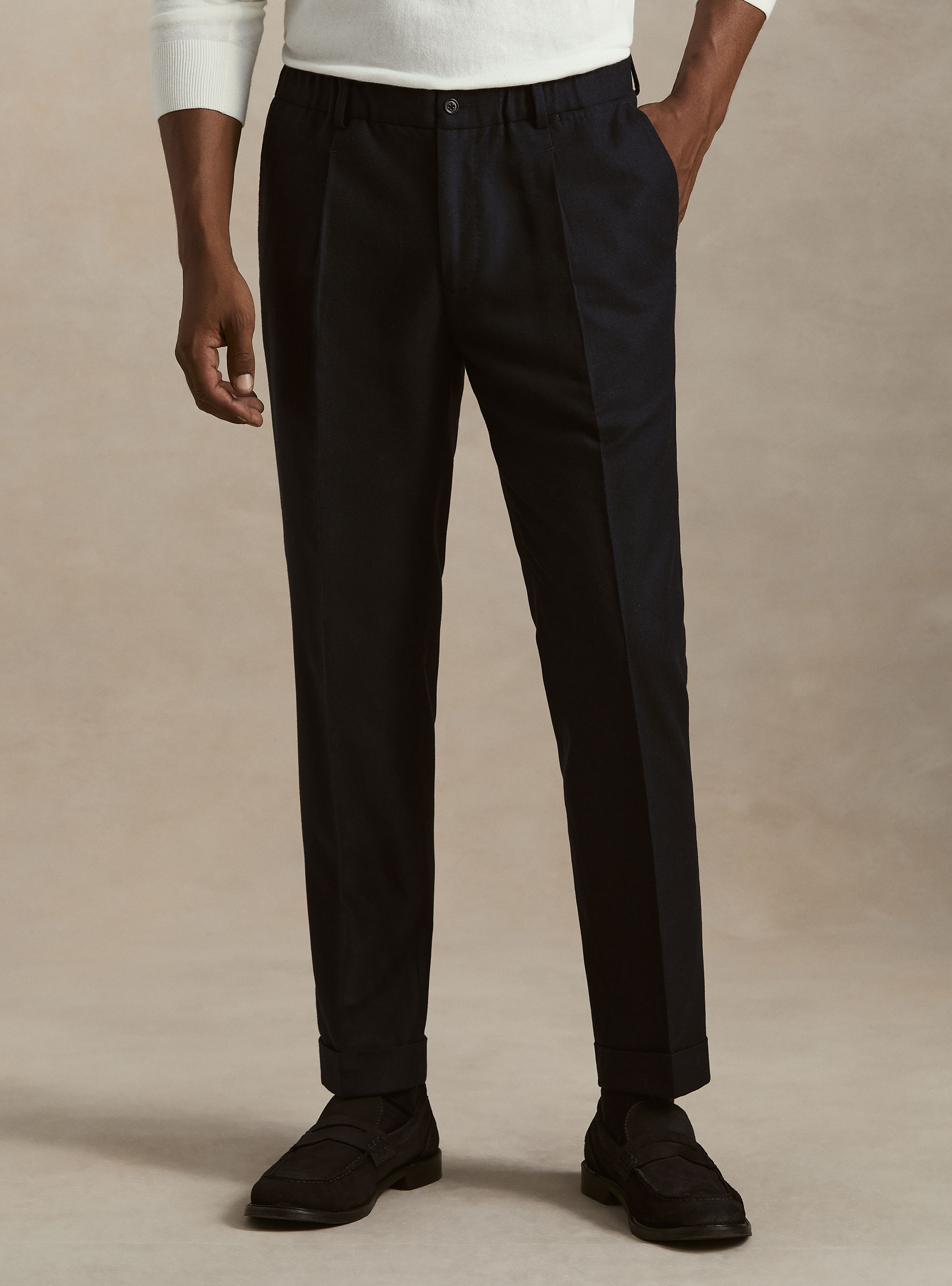 Pantaloni con pince e coulisse' in misto lana, NAVY