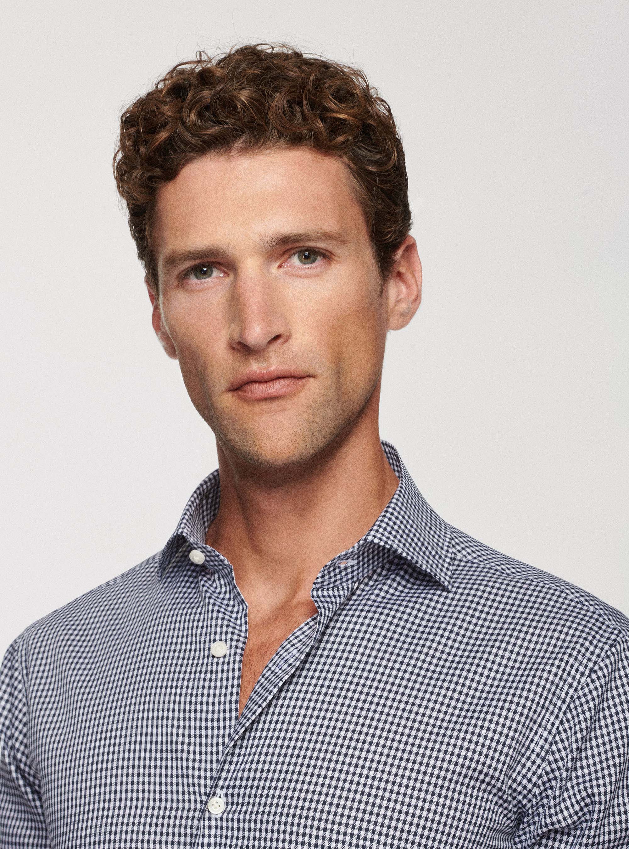 Camicia collo semi francese in cotone a quadri, BLU NAVY