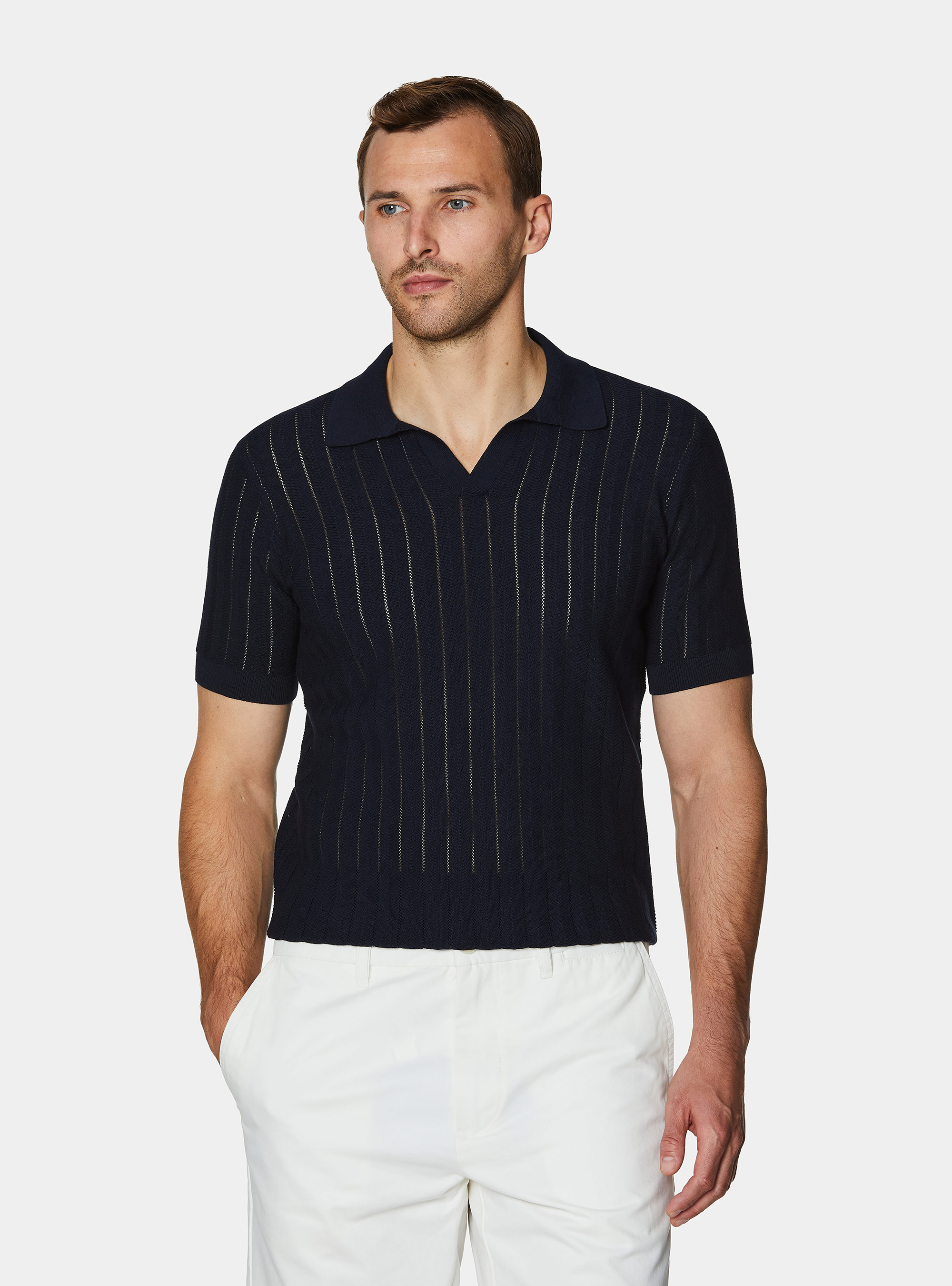 Polo traforata in cotone spigato, BLU NAVY