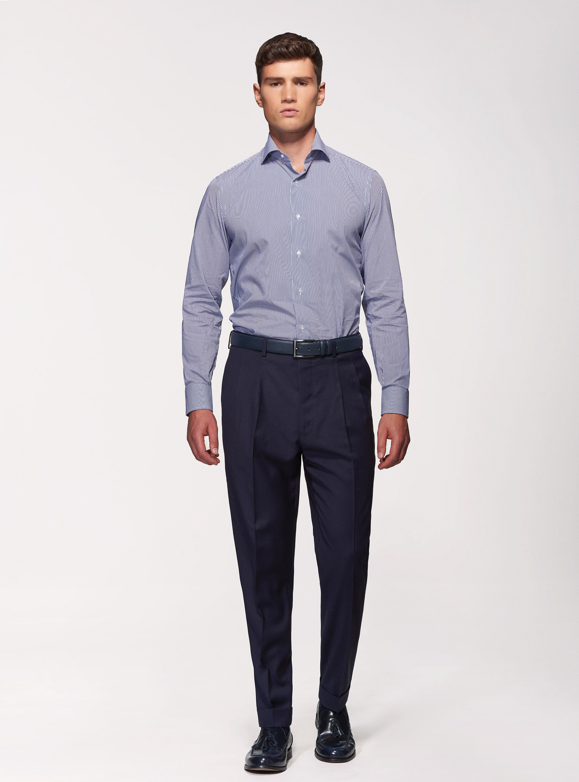 Camicia slim fit in popeline stretch rigato, BLU NAVY