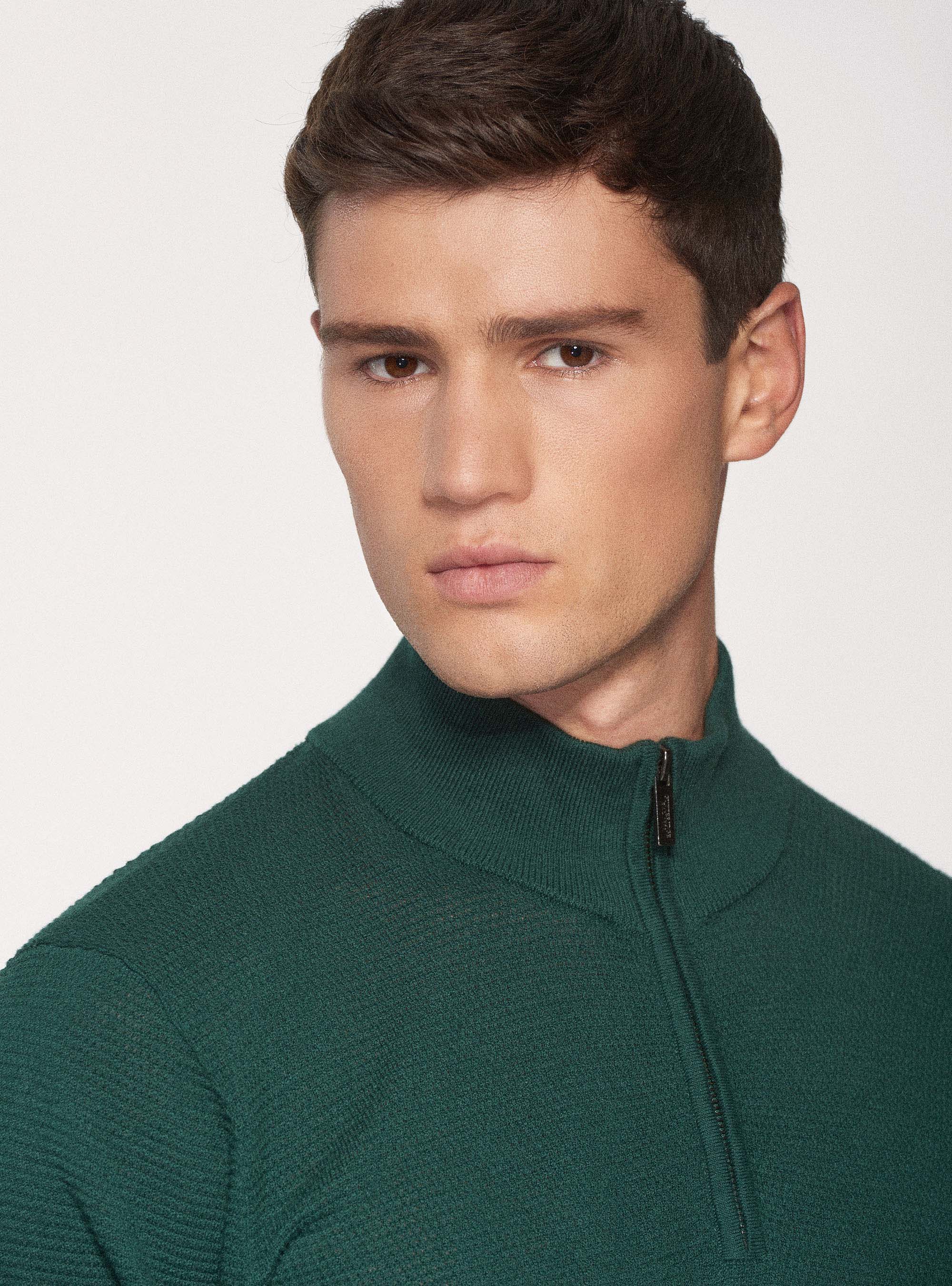 Maglia mezza zip in cotone cashmere punto riso, VERDE