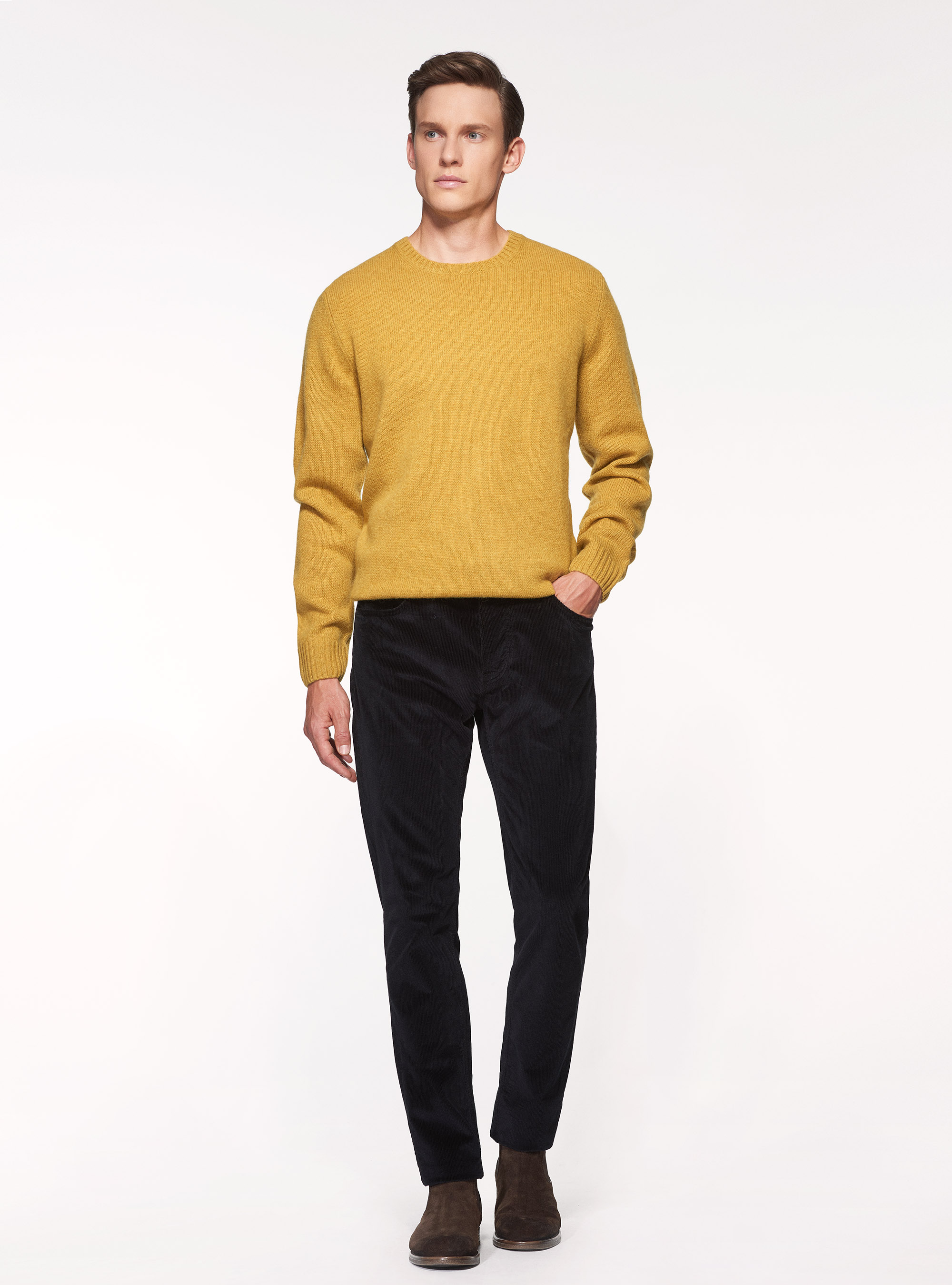 Maglia girocollo in pura lana shetland, SENAPE 0715C