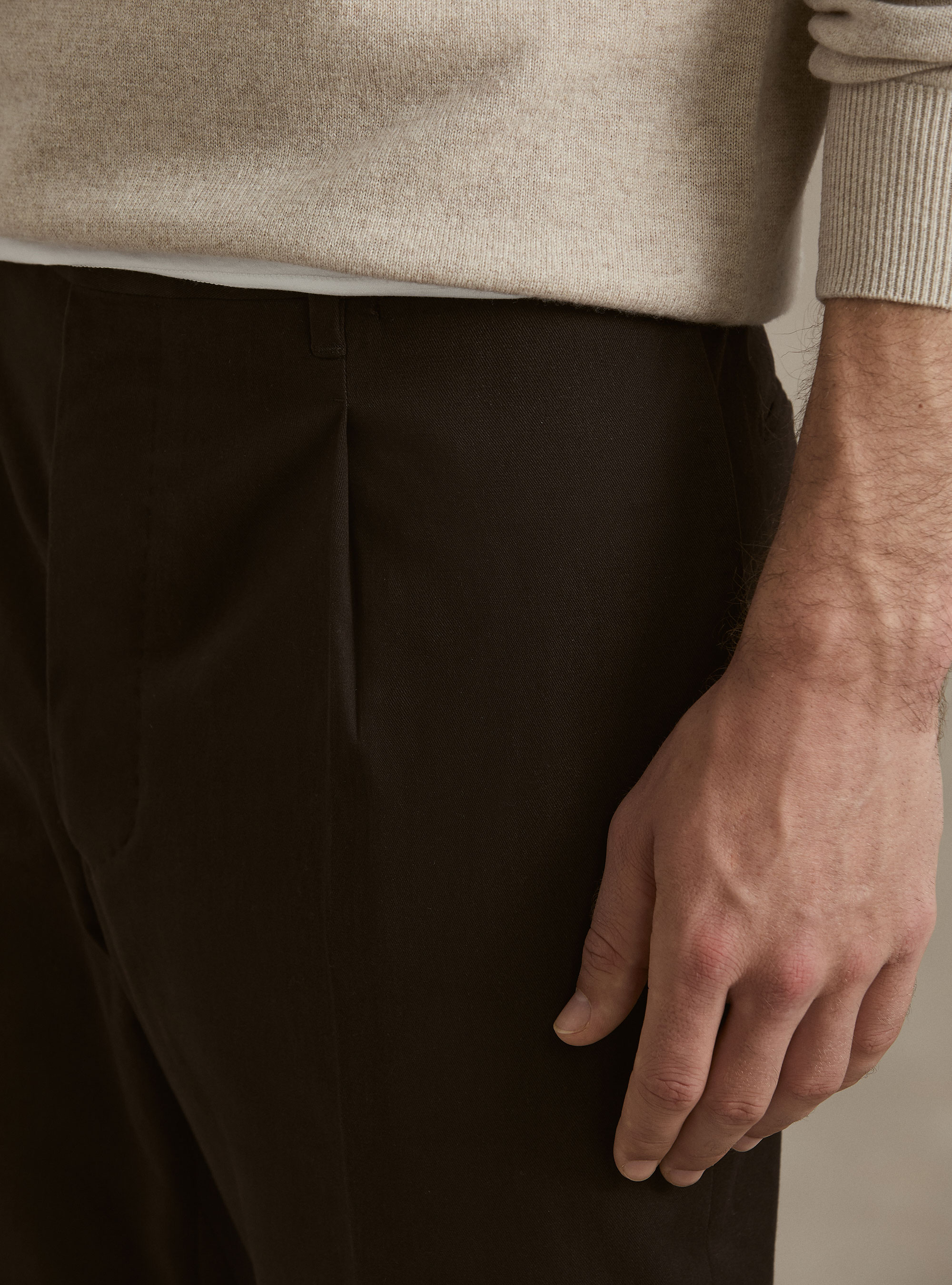 Cotton and cashmere twill pleated trousers, BROWN