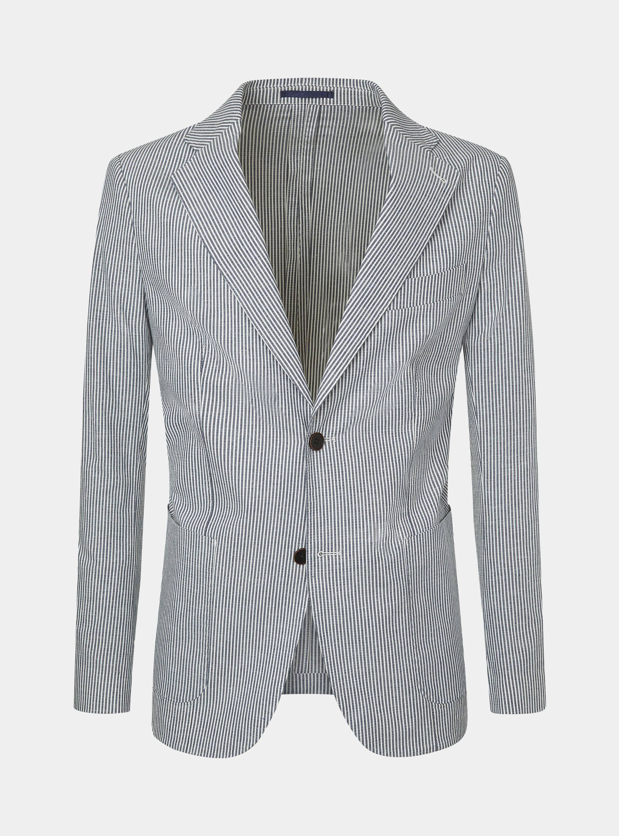 Giacca blu in cotone e lino rigato, BLU