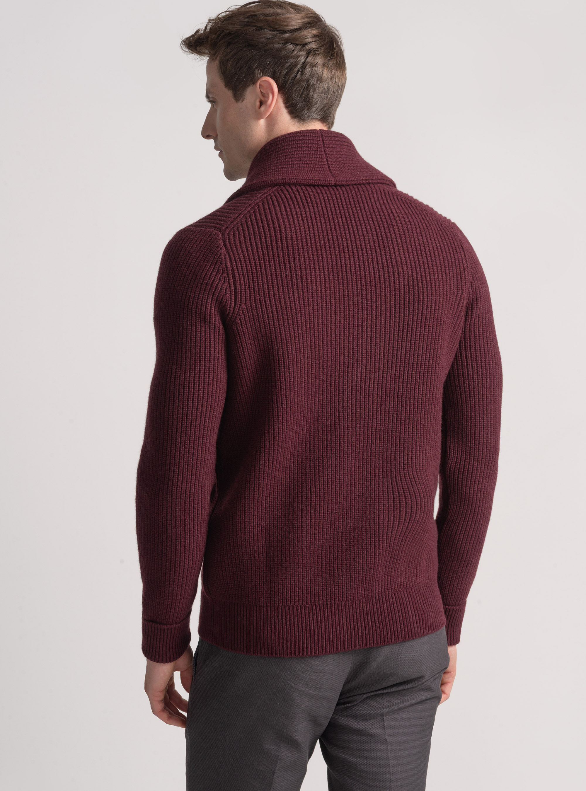 Cardigan in maglia sciallata in lana merino, BORDEAUX