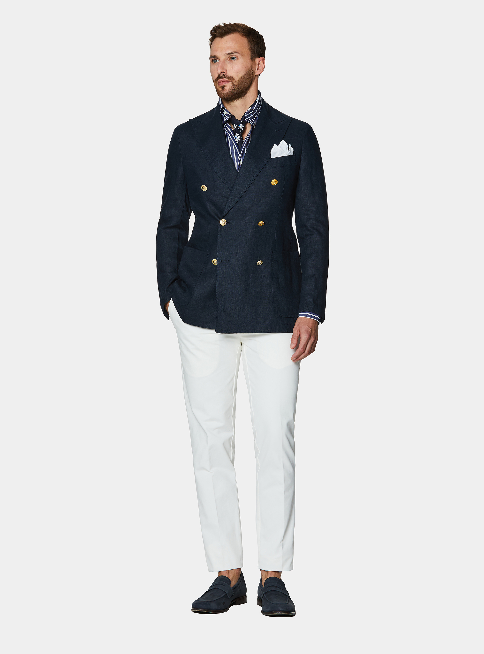 Double-breasted linen blazer with metal button, NAVY BLUE