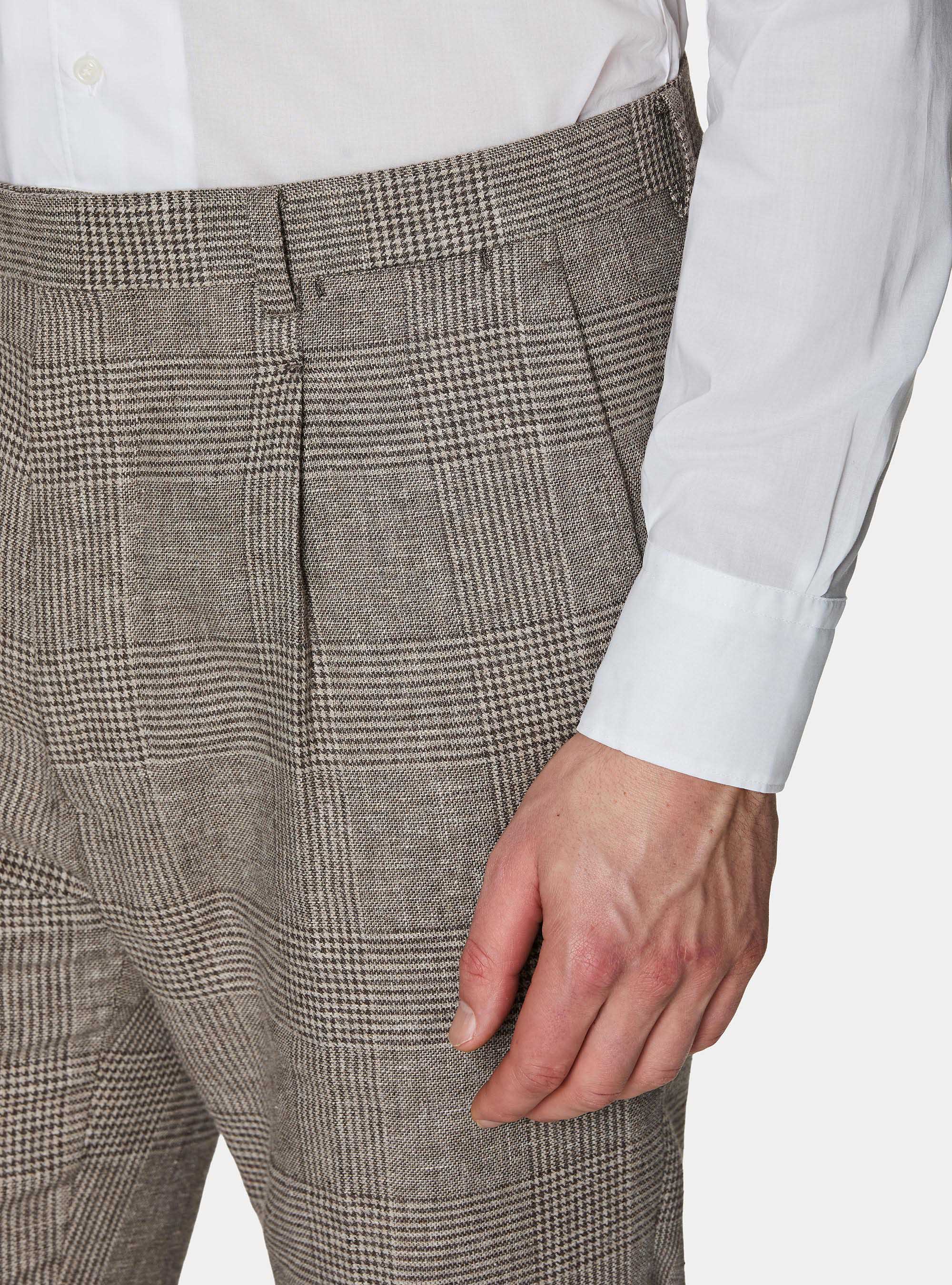 Pantaloni fantasia con pince in lino e cotone, MARRONE