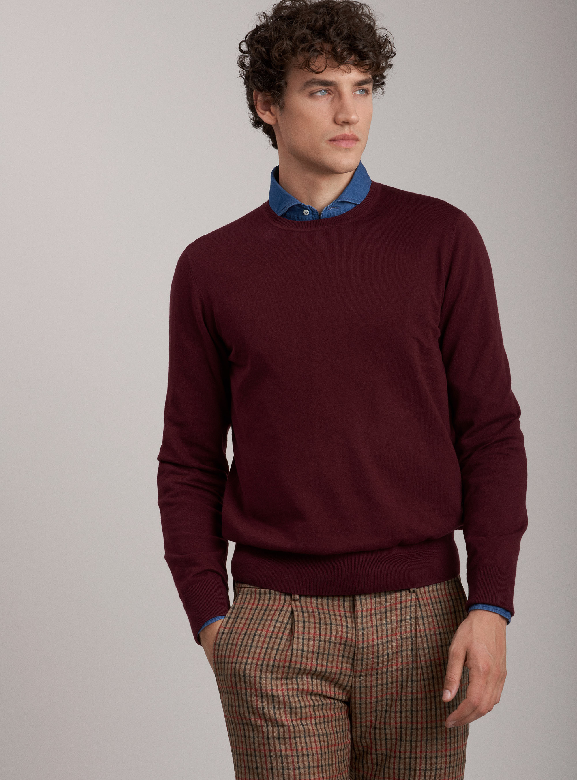 Maglia girocollo in cotone seta e cashmere, BORDEAUX