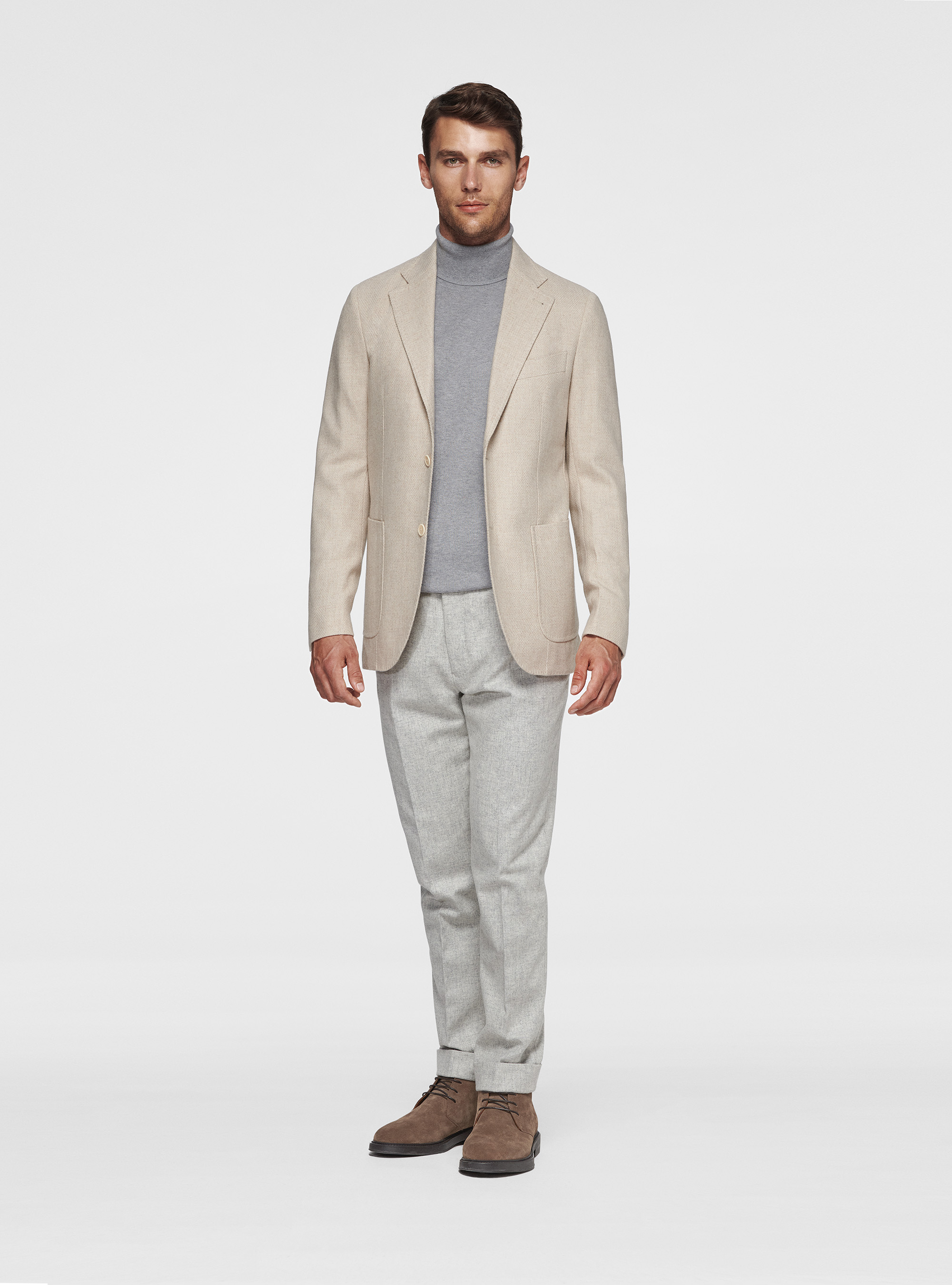 Giacca hopsack in lana cotone e cashmere, ECRU