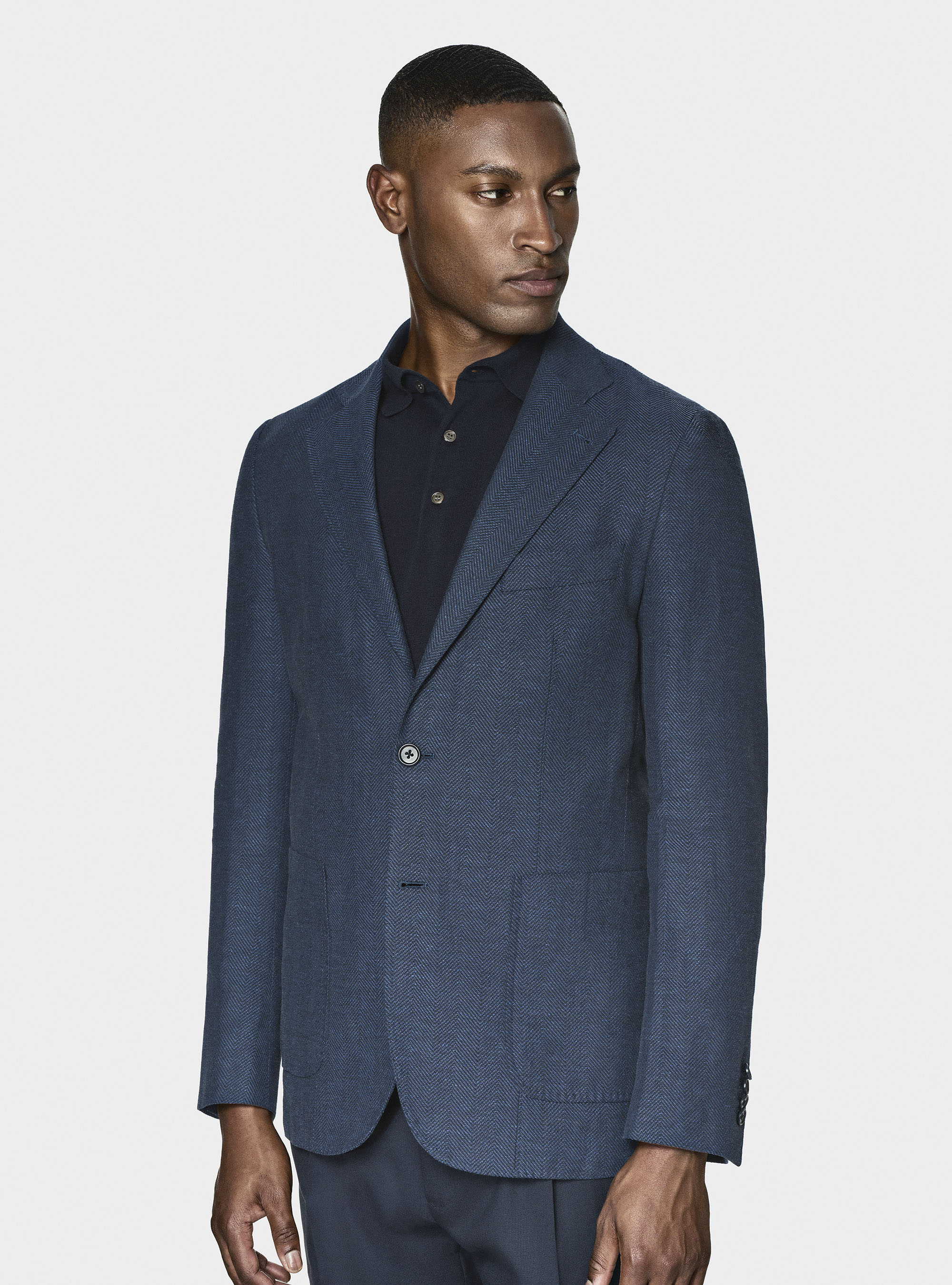 Giacca spigata in lino e cotone, BLU NAVY