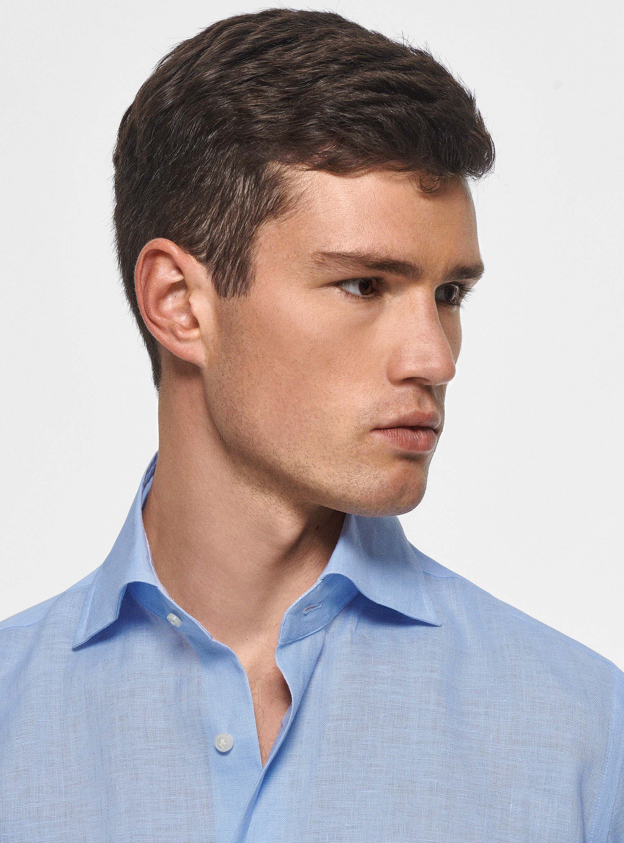 Chemise &agrave; col italien, pur lin, BLEU CIEL