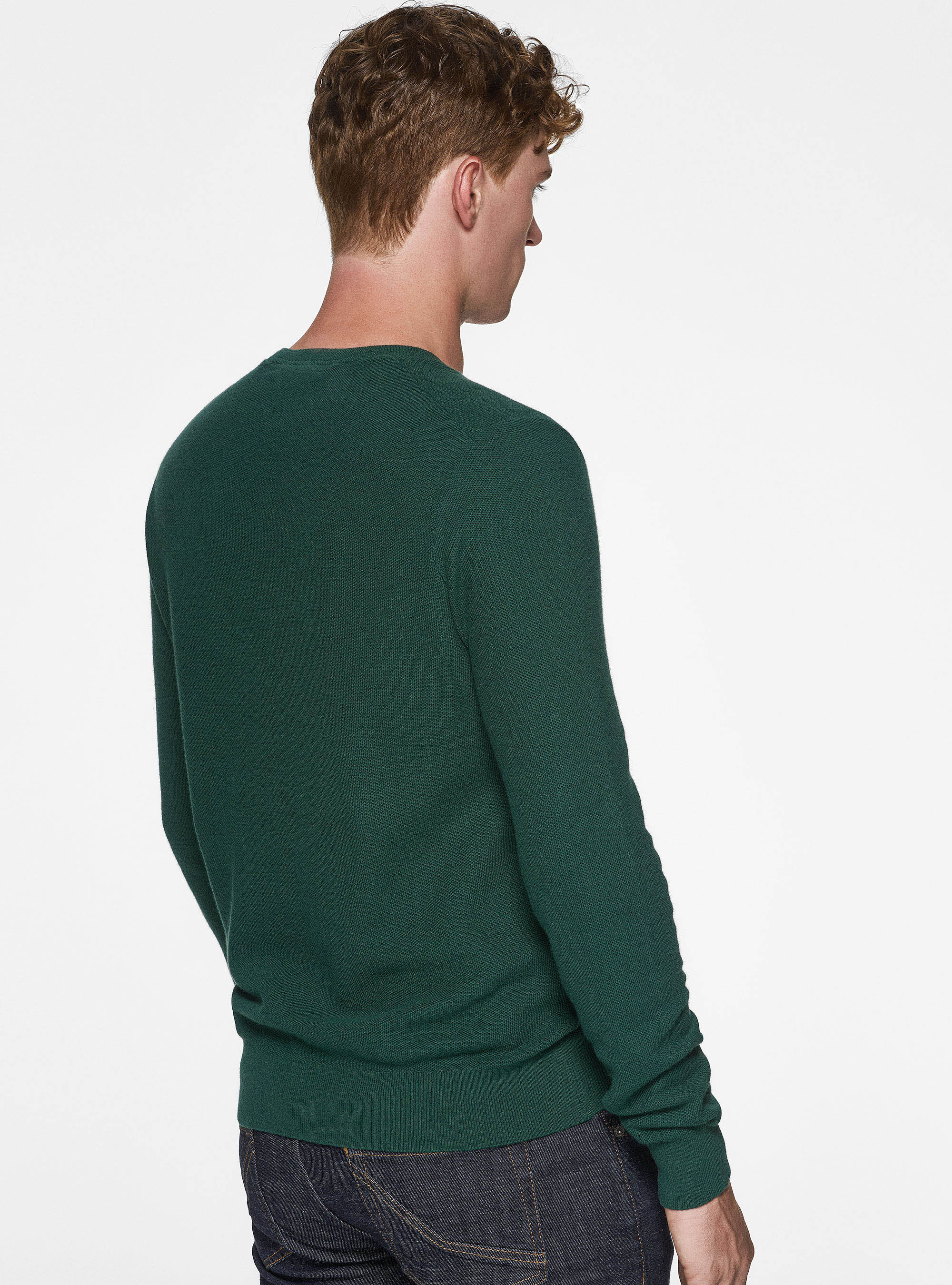 Maglia girocollo nido d'ape in cotone cashmere, VERDE