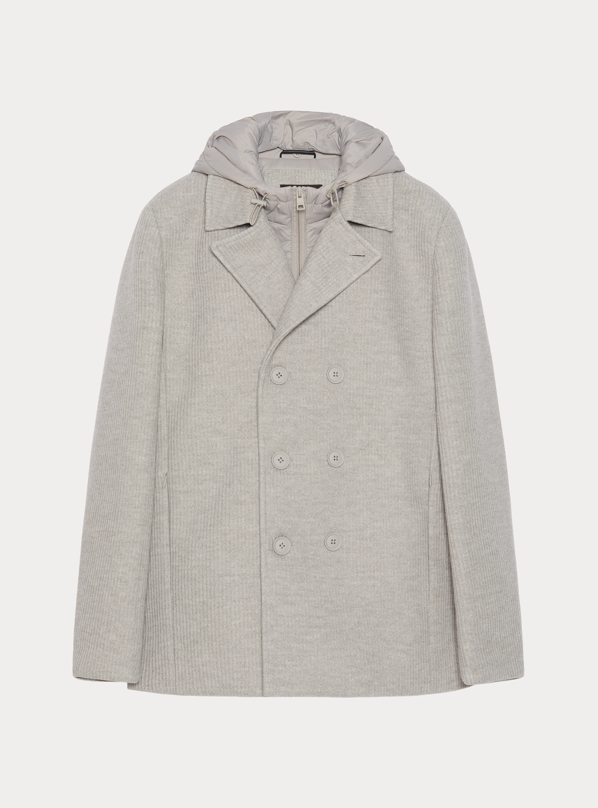 Double-breasted ribbed jacket with removable bib and hood, ECRU