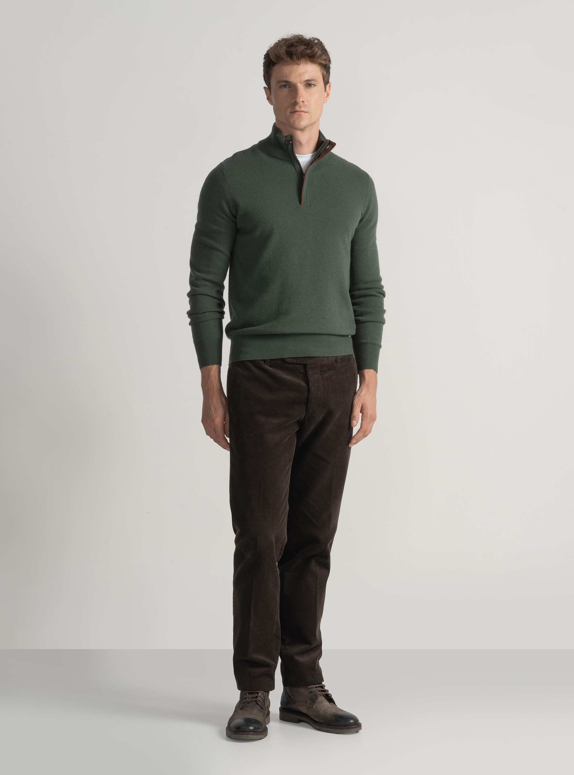 Maglia mezza zip in lana lambswool e cashmere, MILITARE 0609C