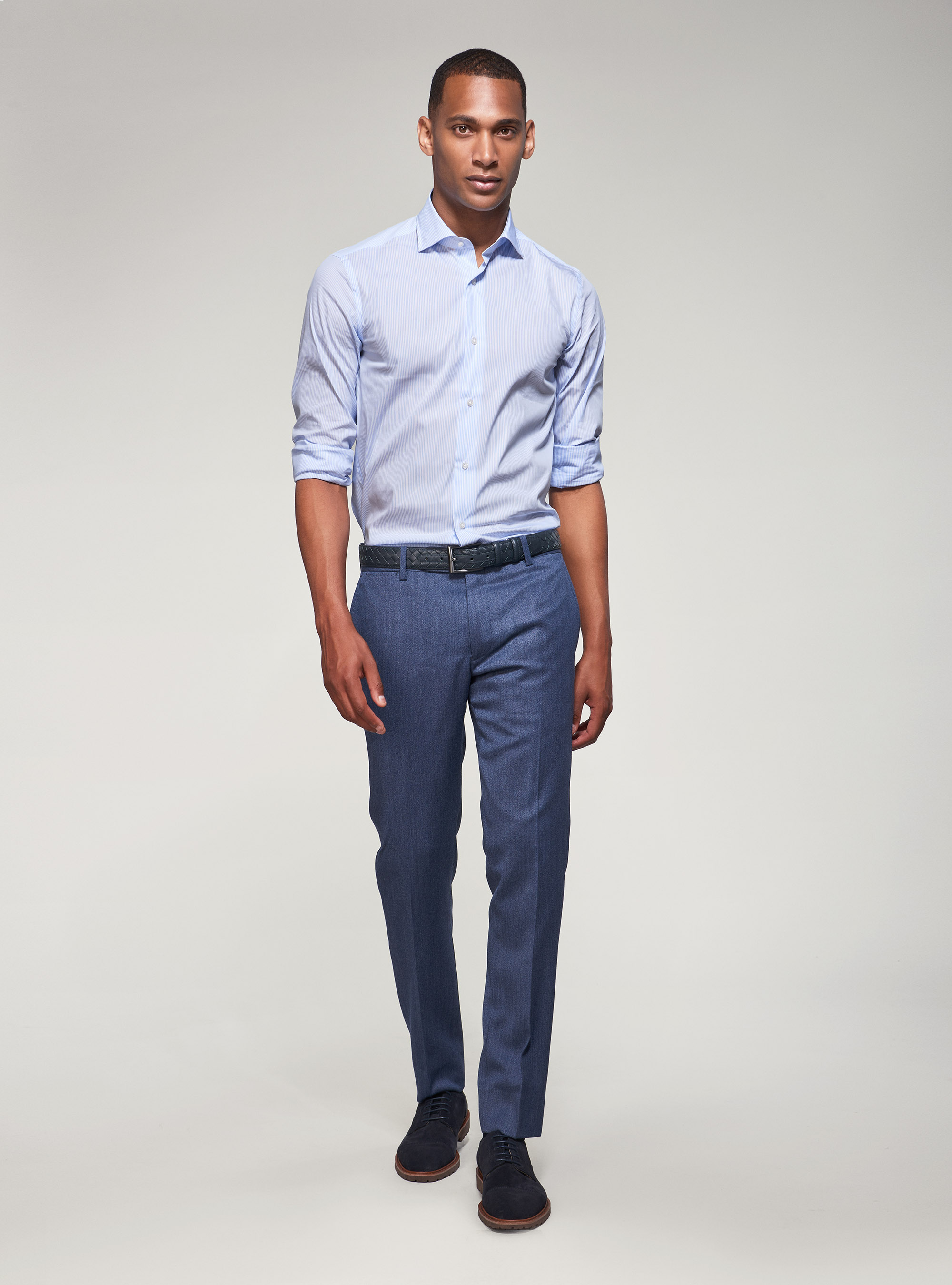 Camicia super slim in cotone stretch rigato, AZZURRO