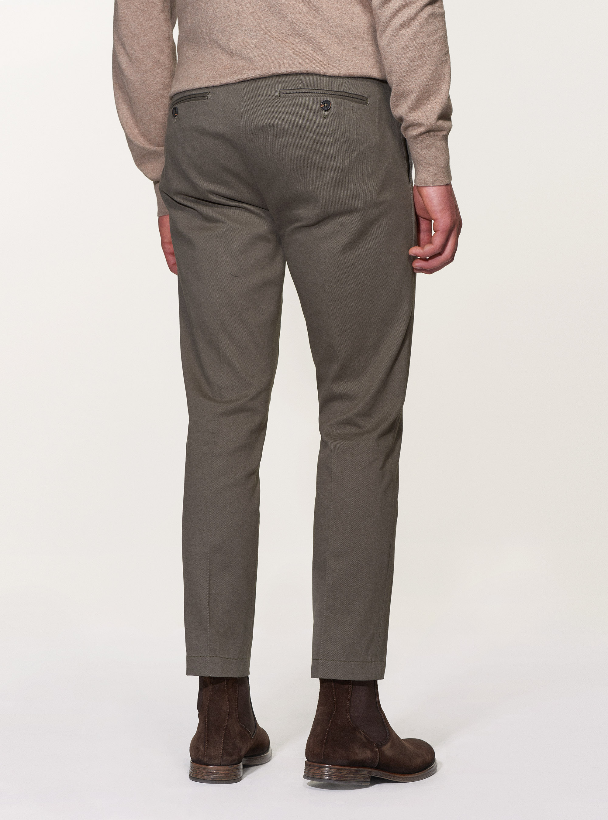 Pantaloni slack in twill di cotone smerigliato, VERDE