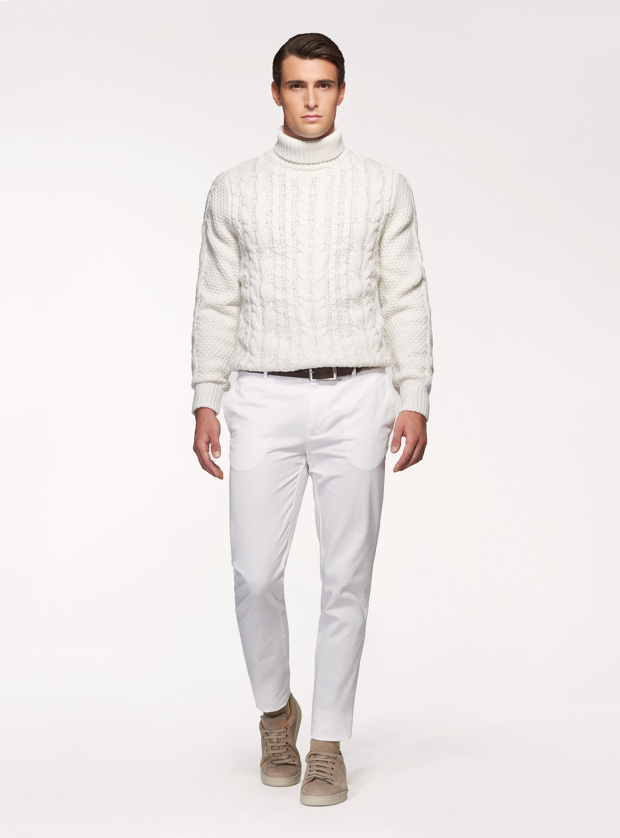 Maglia collo alto in misto lana a treccia, BIANCO