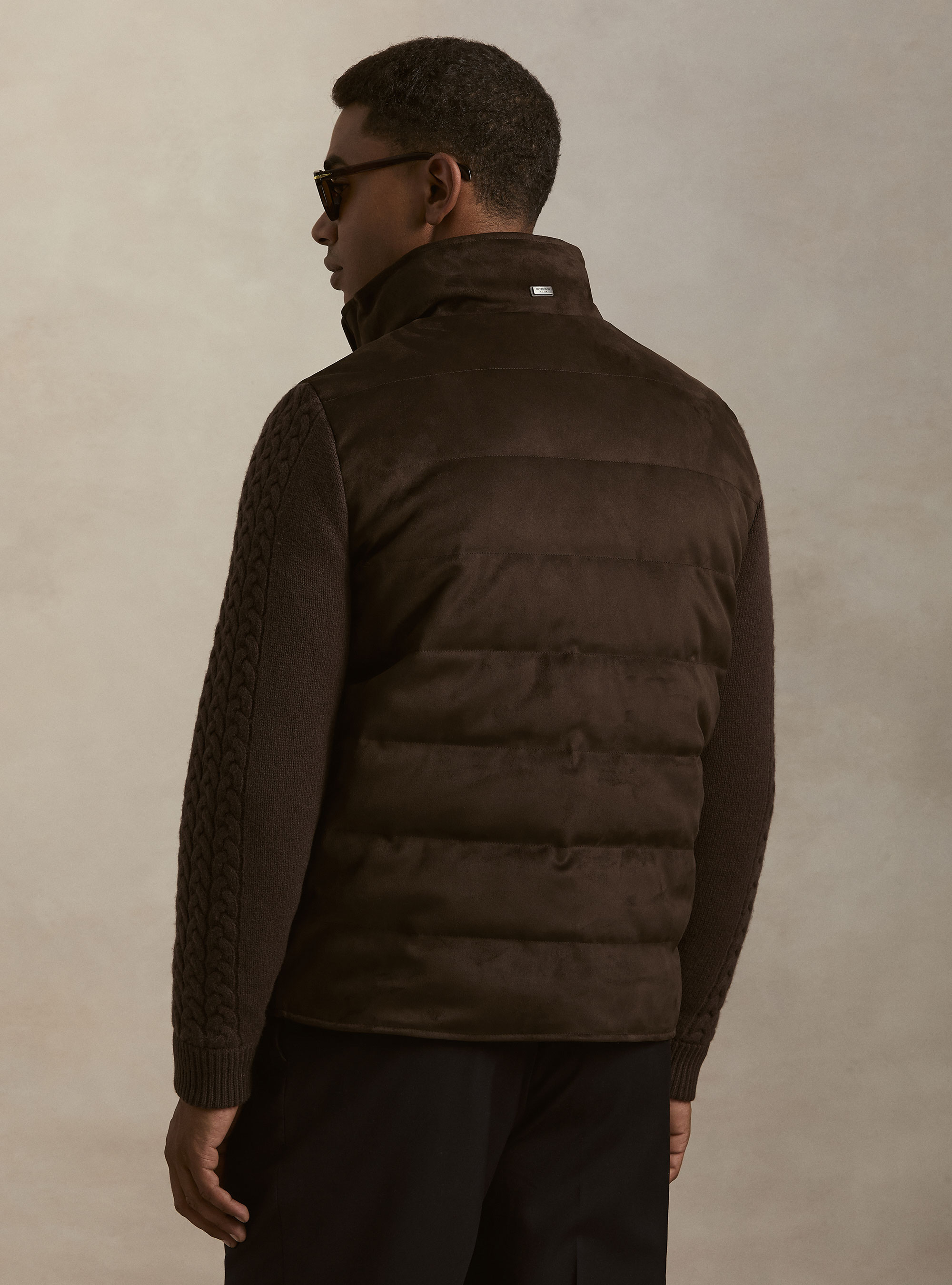 Quilted suede-effect jacket with wool sleeves, MARRONE 0508C