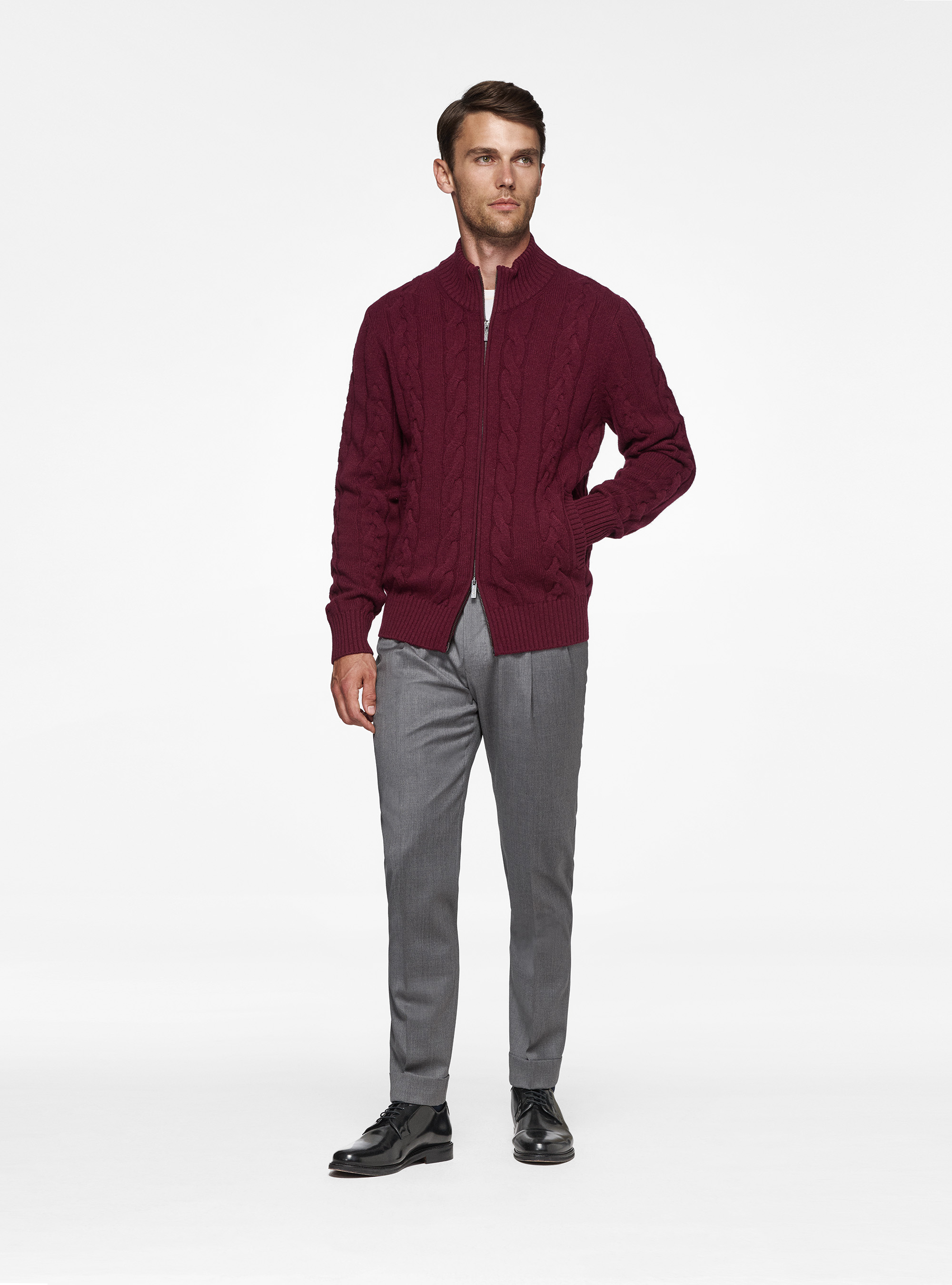 Cardigan in maglia a treccia in lana e cashmere, BORDEAUX