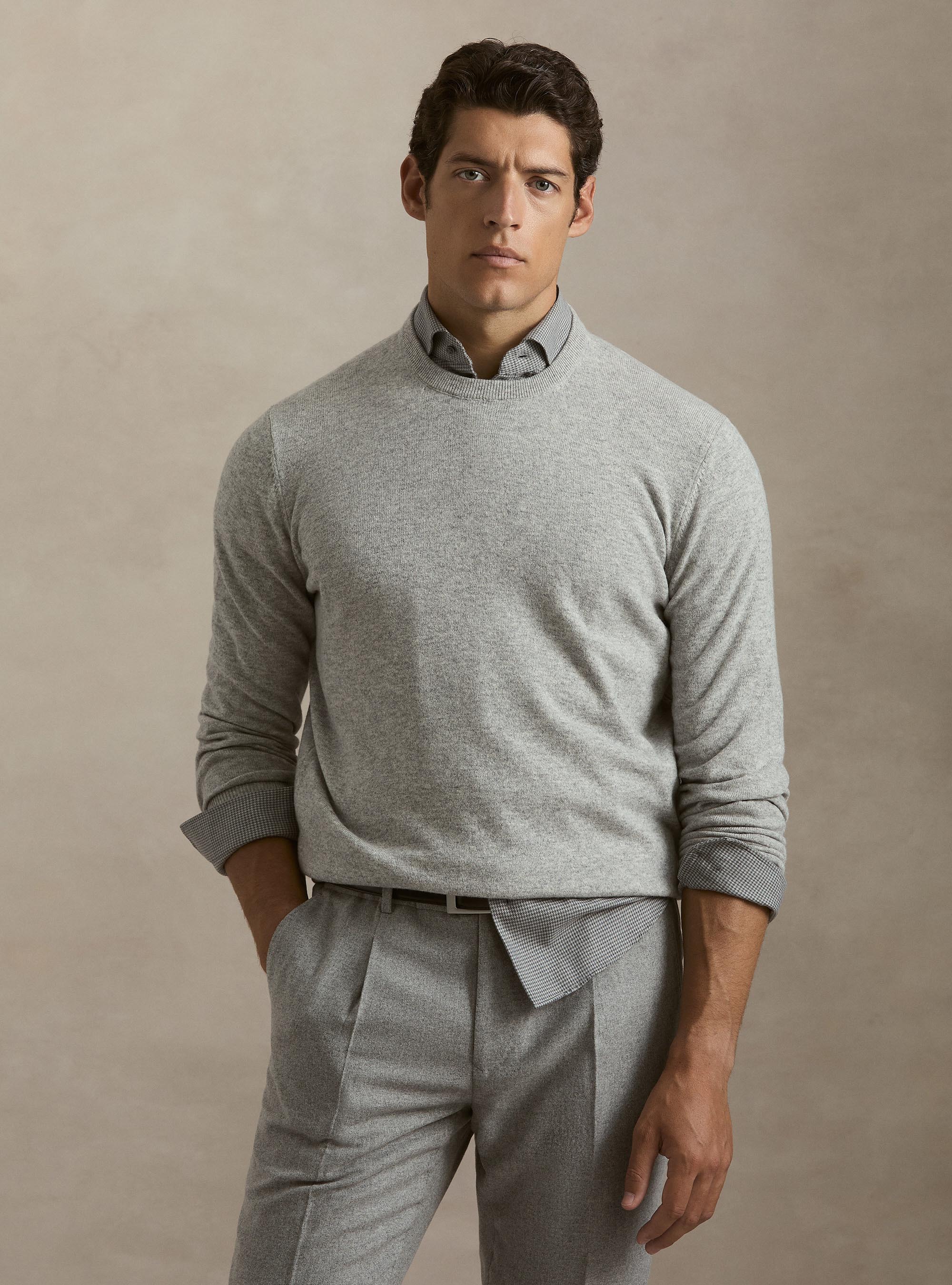 Lambswool and cashmere crewneck sweater, LIGHT GREY MELANGE
