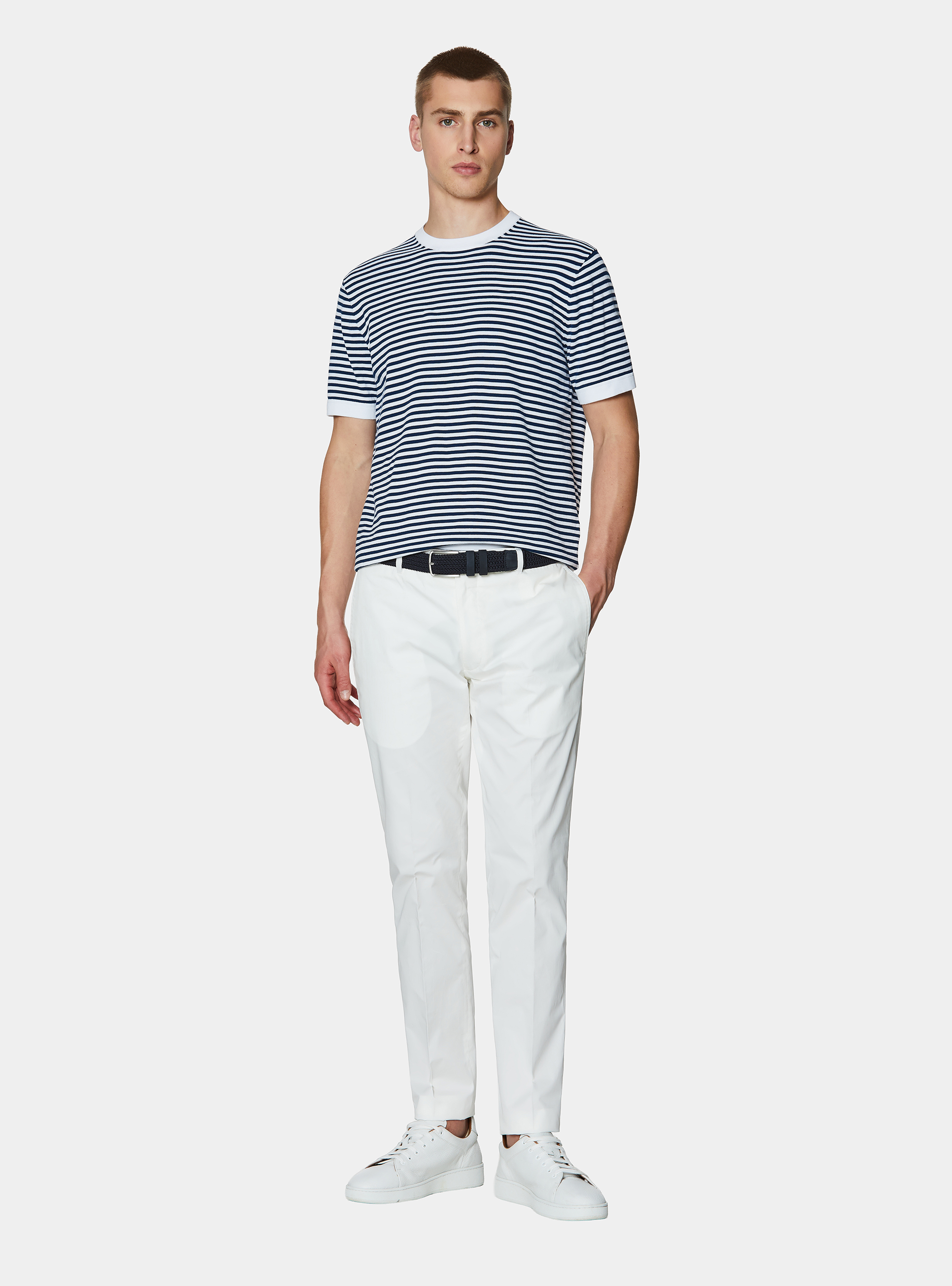 Maglia girocollo in cotone rigato, BIANCO