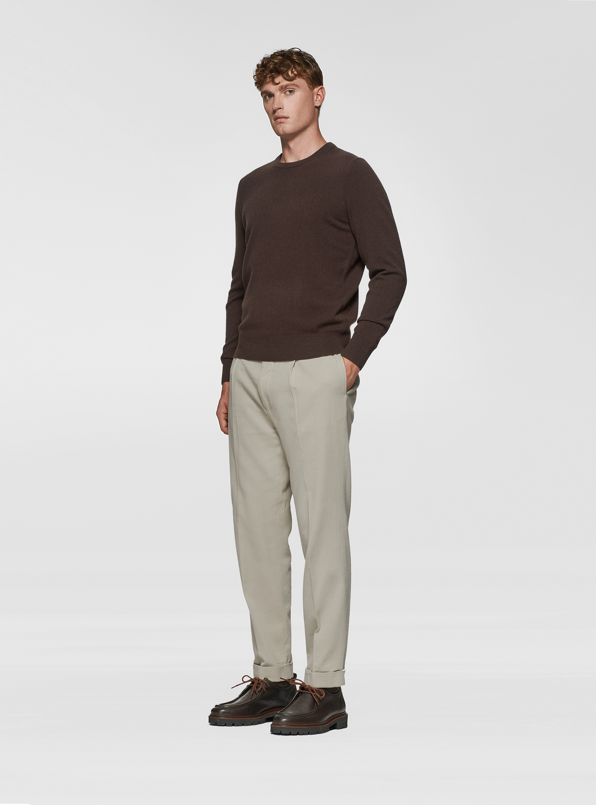 Maglia girocollo in lambswool e cashmere, MARRONE