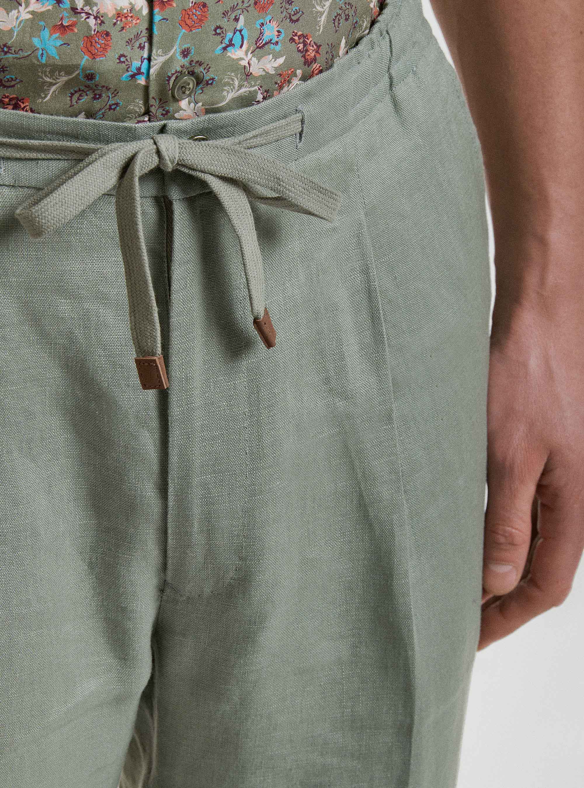 Pantaloni con pince e coulisse in puro lino, SALVIA 0602C
