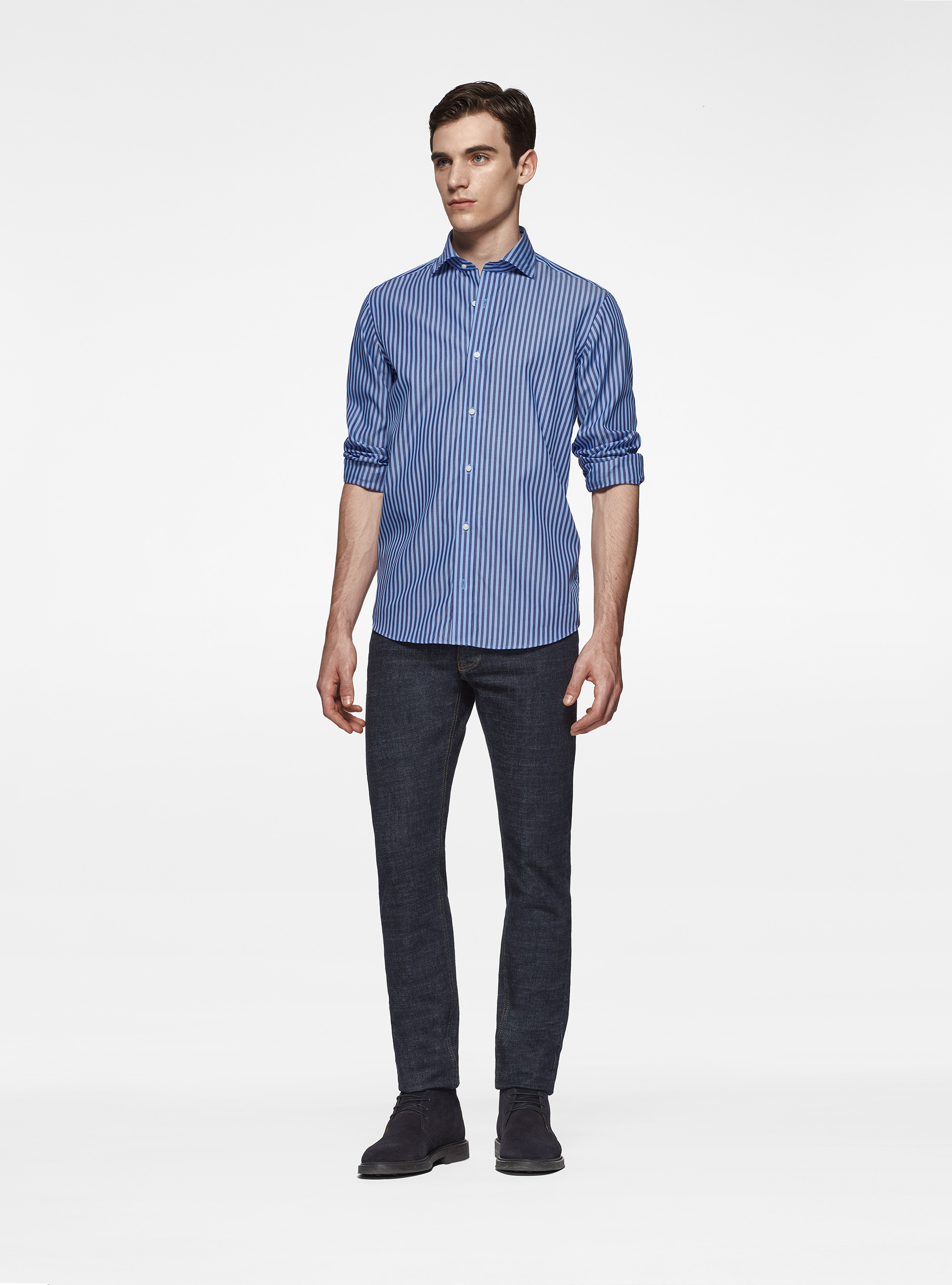 Camicia in puro cotone rigato, BLU