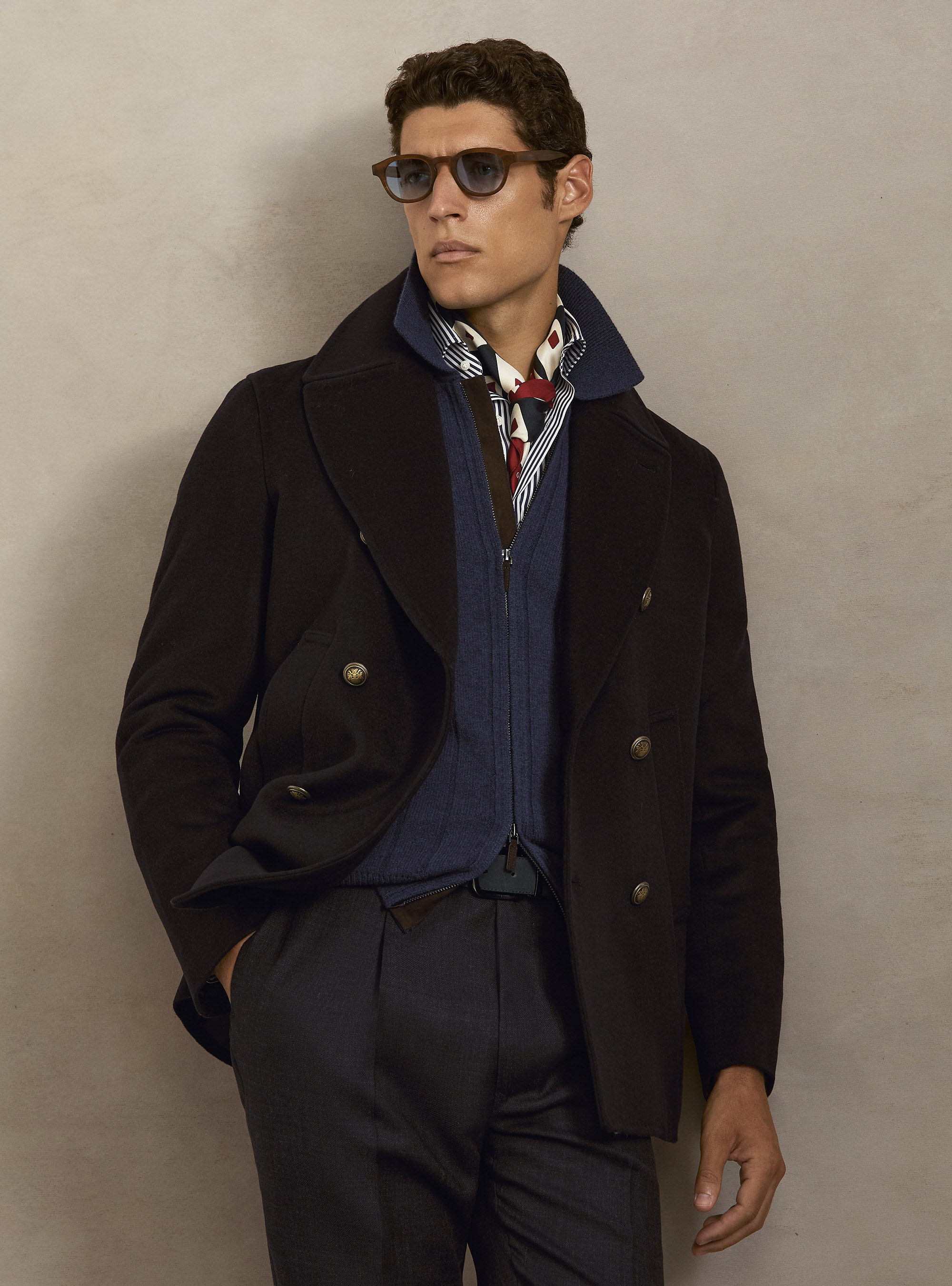 Peacoat de lana y cachemira con botones de metal, AZUL MARINO