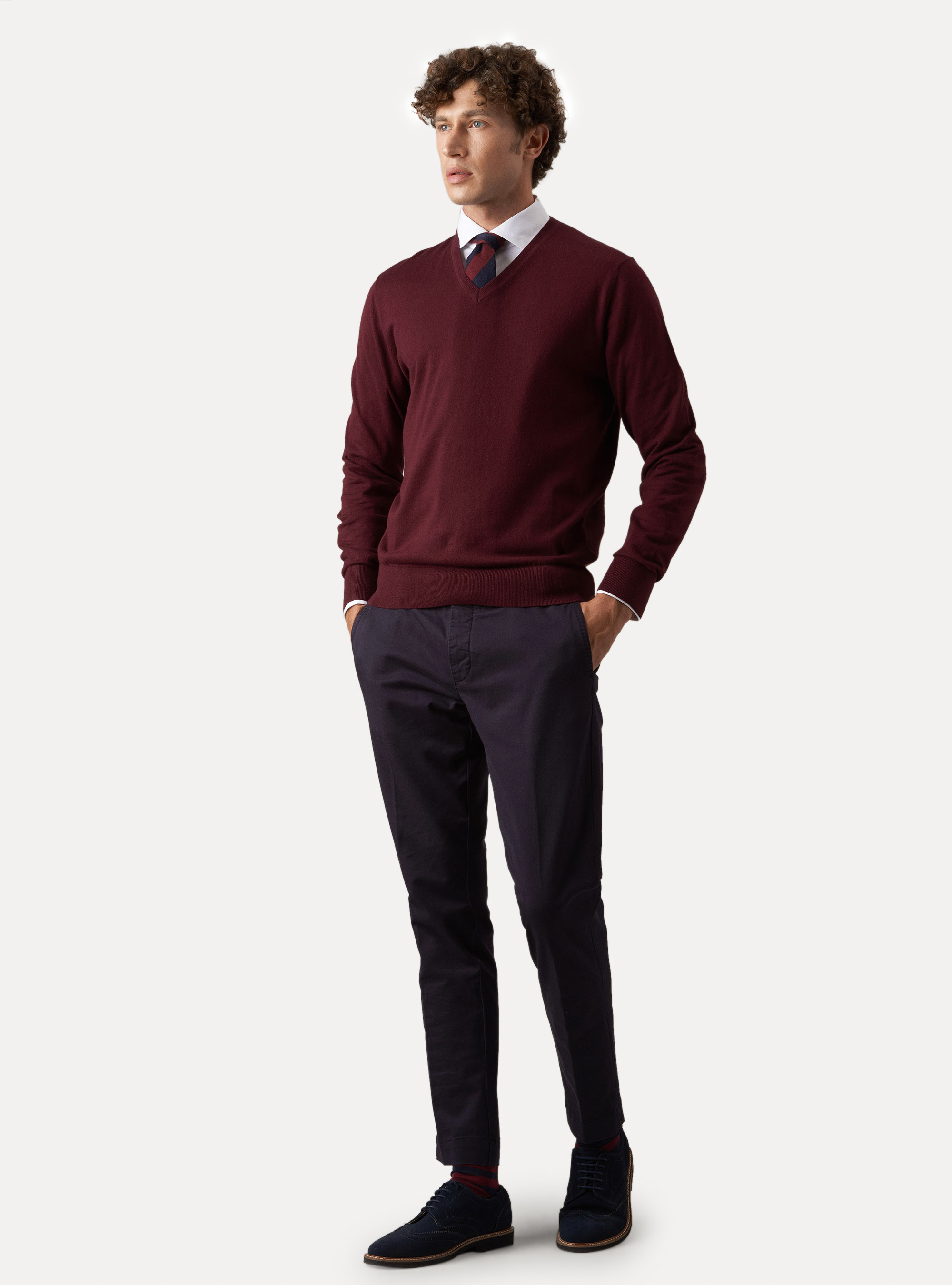 Pull à col en V en coton, soie et cachemire, BORDEAUX