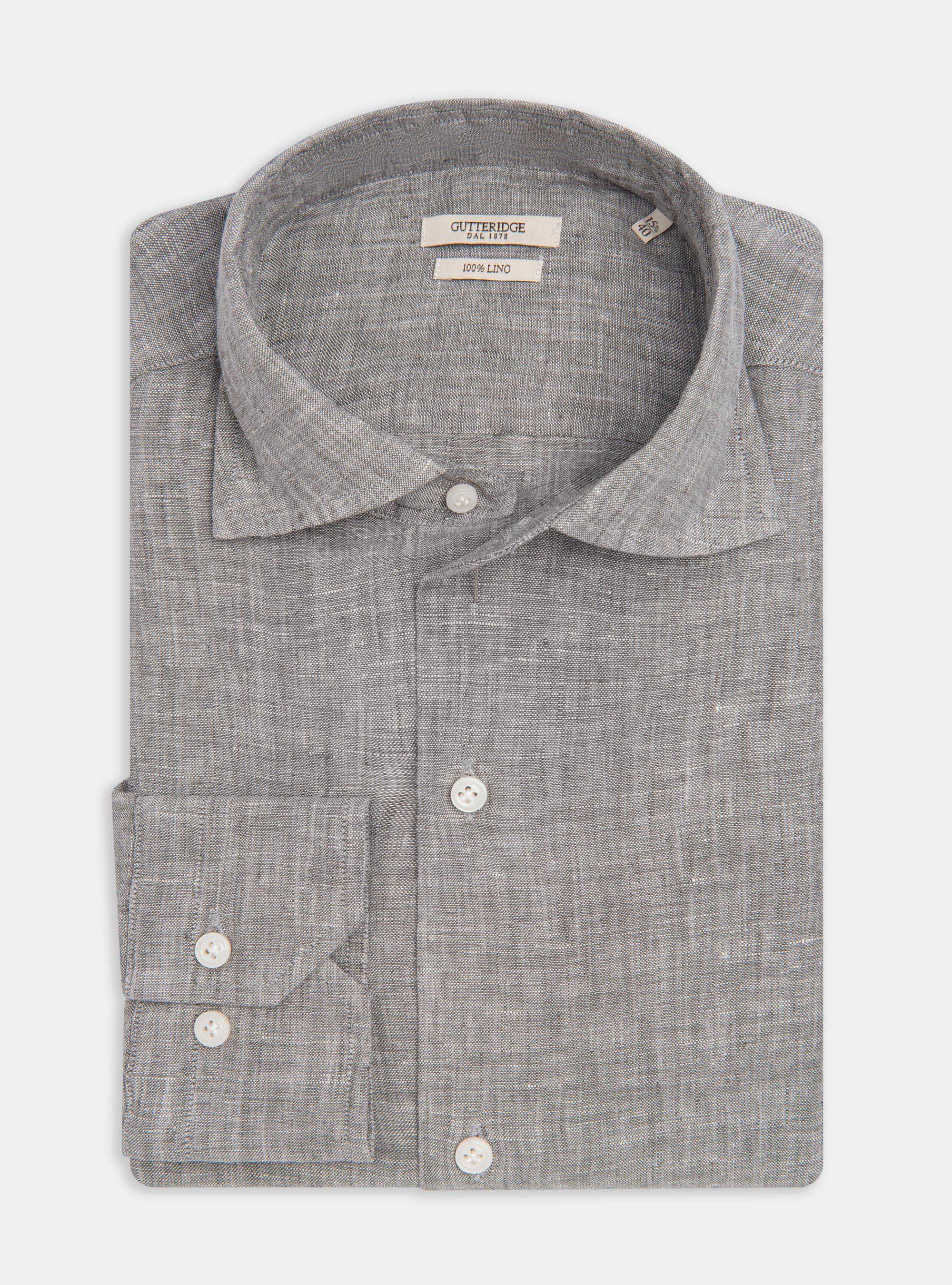 Camicia collo semi francese in puro lino, GRIGIO CHIARO MELANGE
