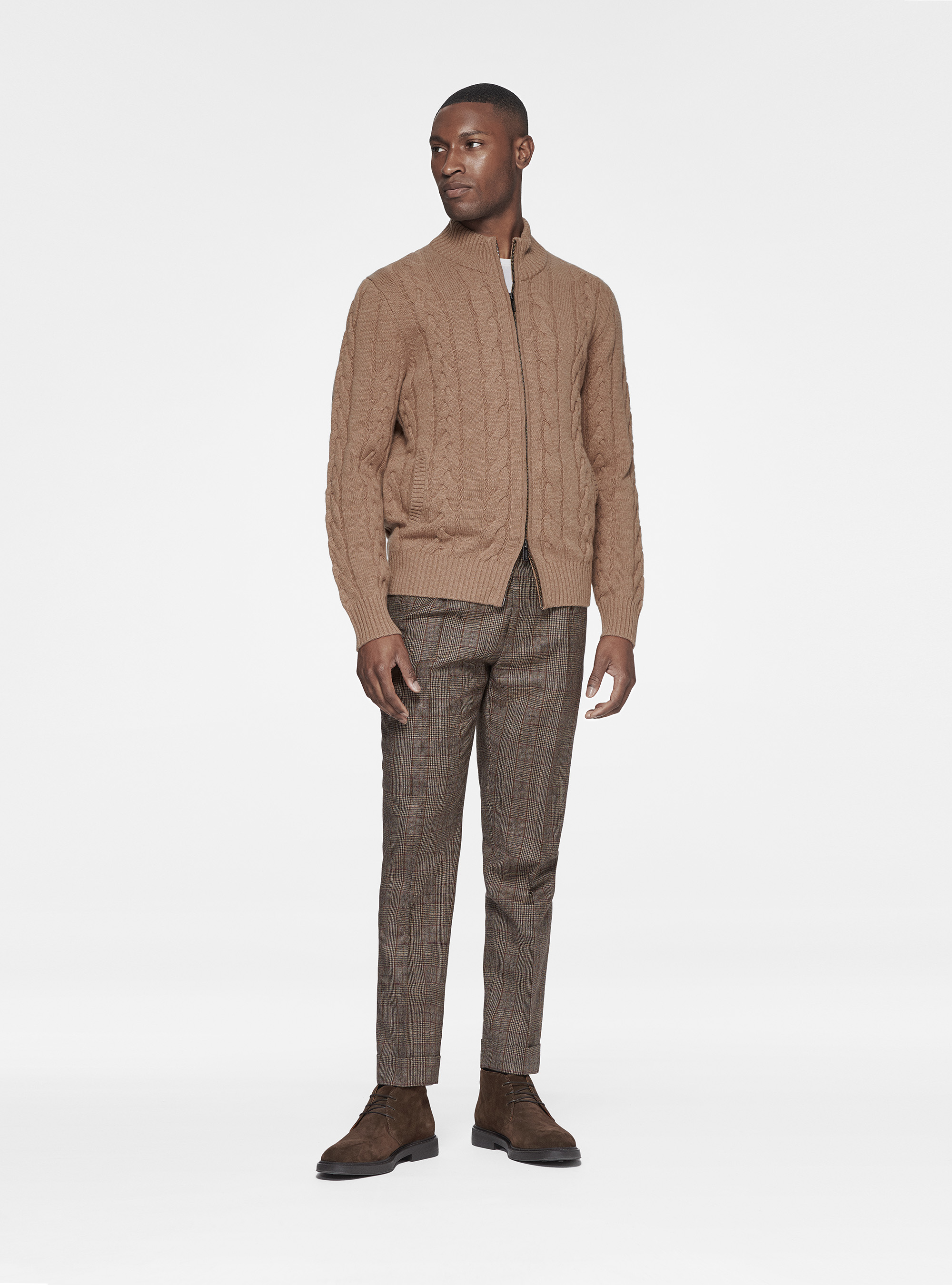 Cardigan in maglia a treccia in lana e cashmere, CAMMELLO 0570C