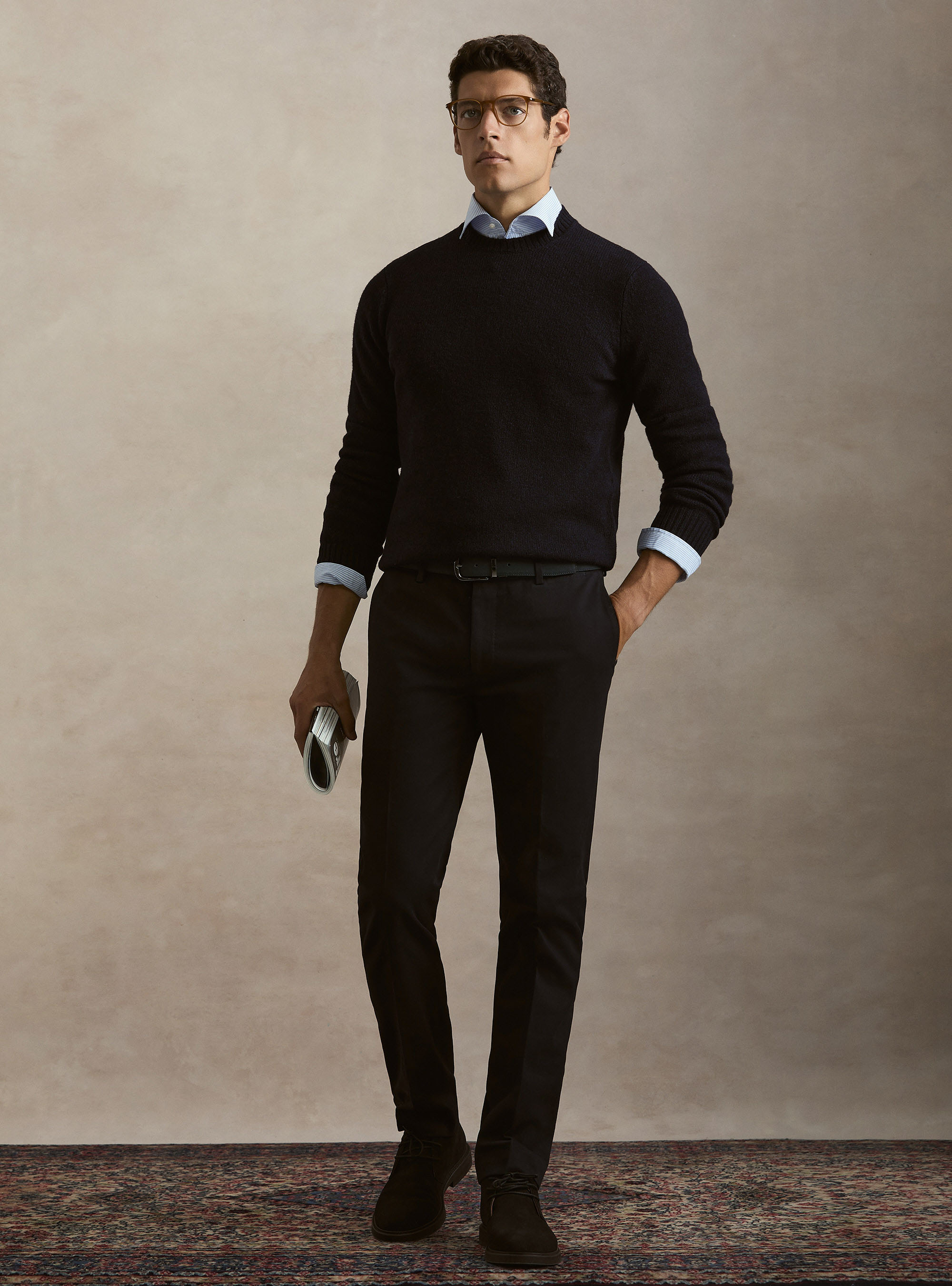 Pure Shetland wool crewneck sweater, NAVY BLUE